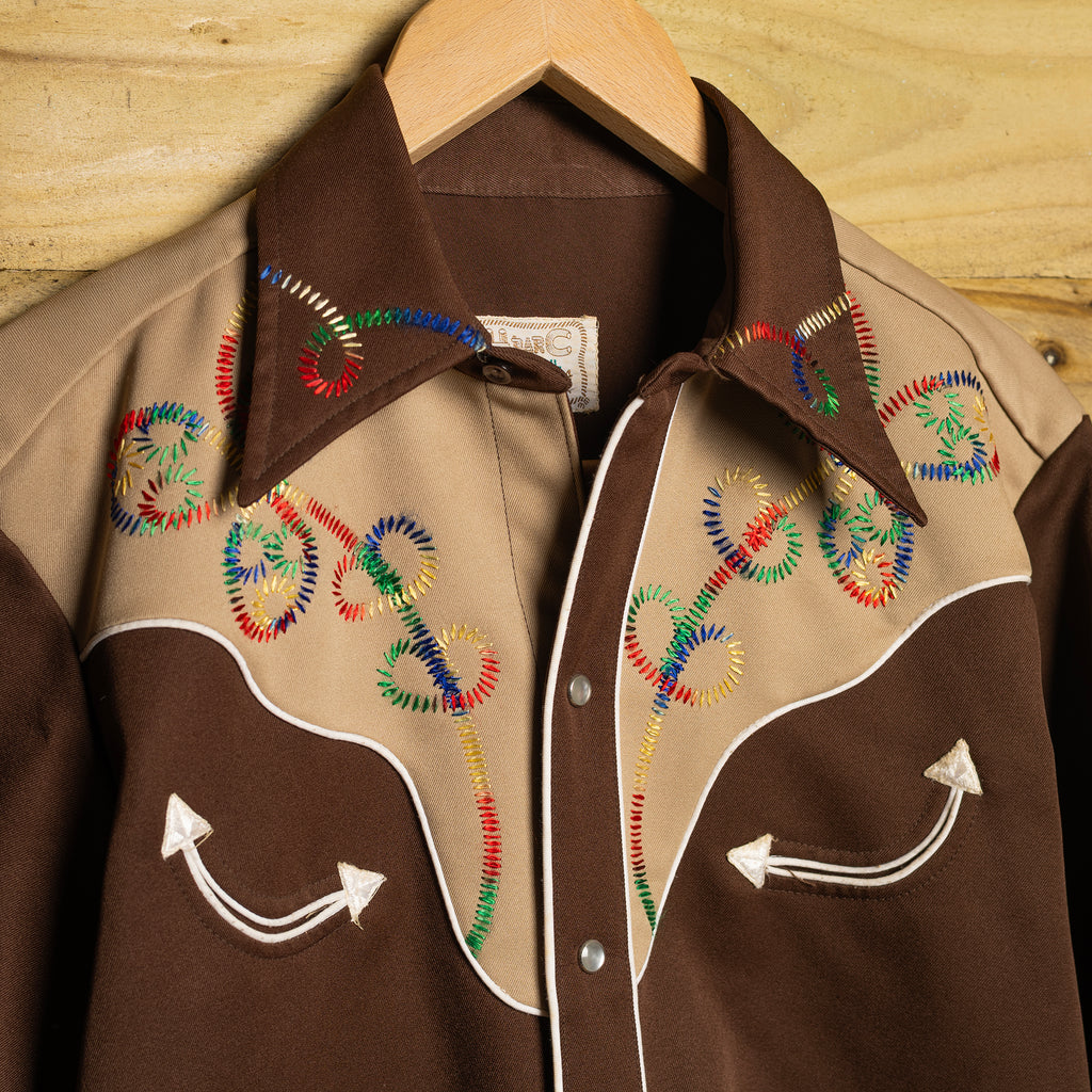 Vintage H Bar C California Ranchwear Brown Embroidered Western Shirt - Pearl Snaps - Size M