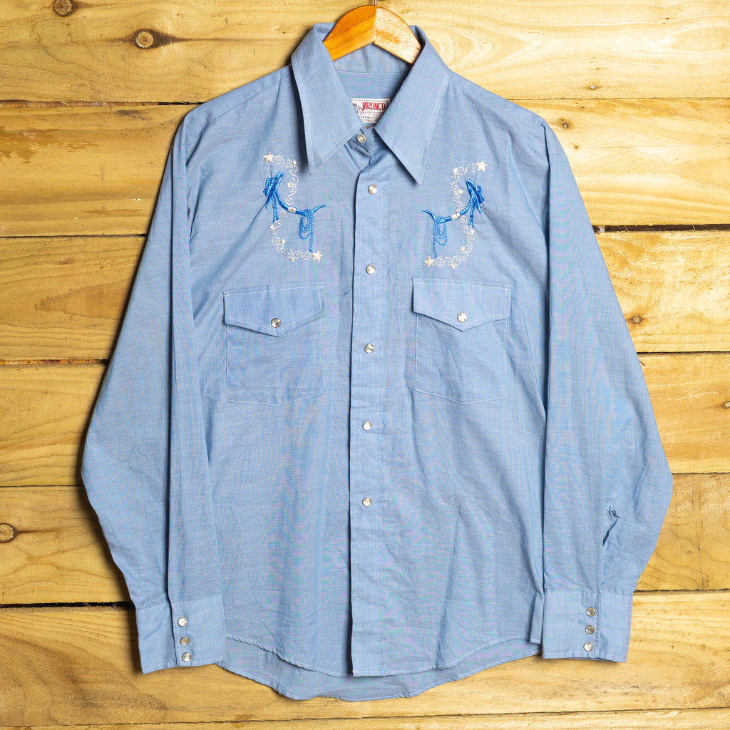 Vintage Bronco Embroidered Blue Western Longline Shirt with Pearl Snaps - Size XL