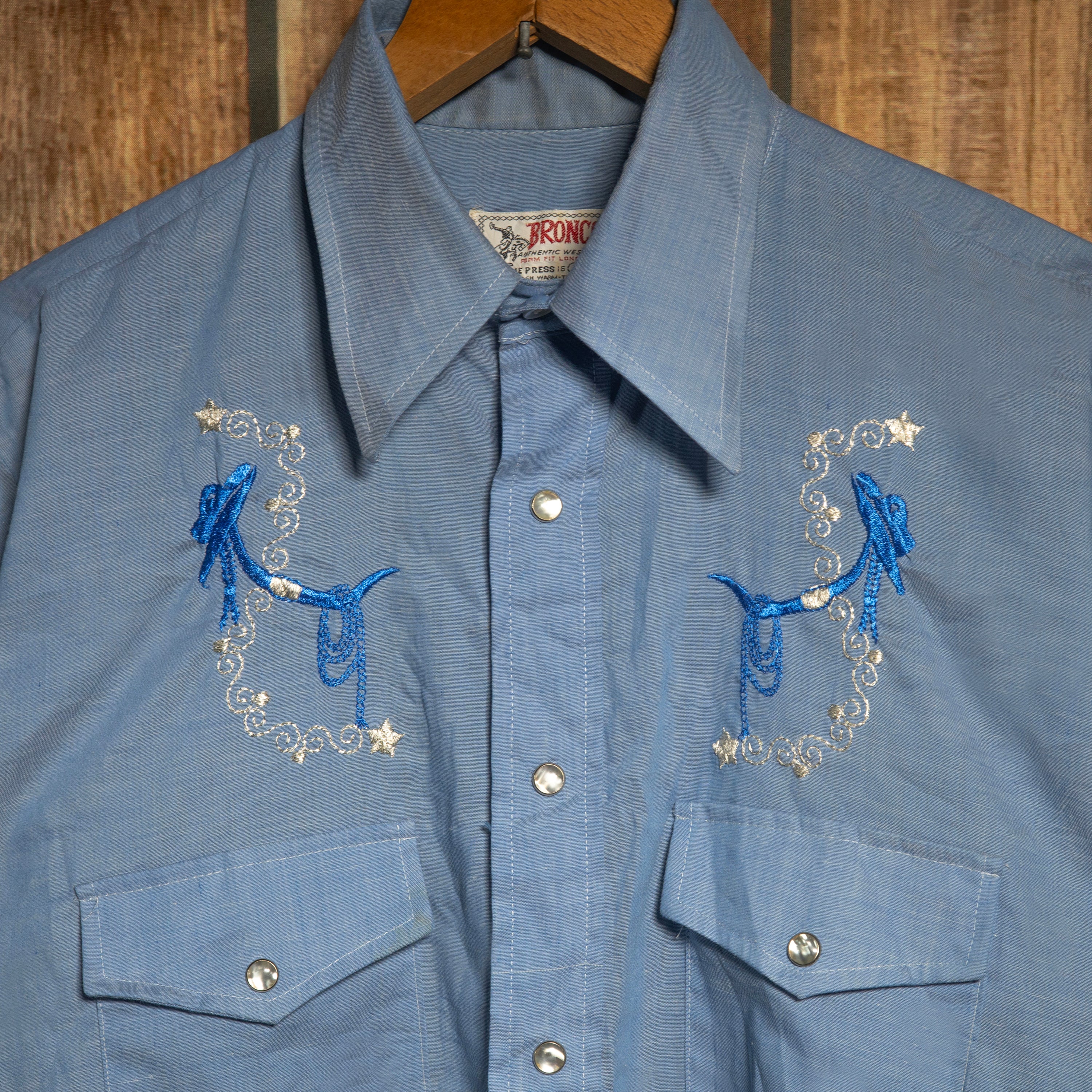 Vintage Bronco Embroidered Blue Western Long Line Shirt