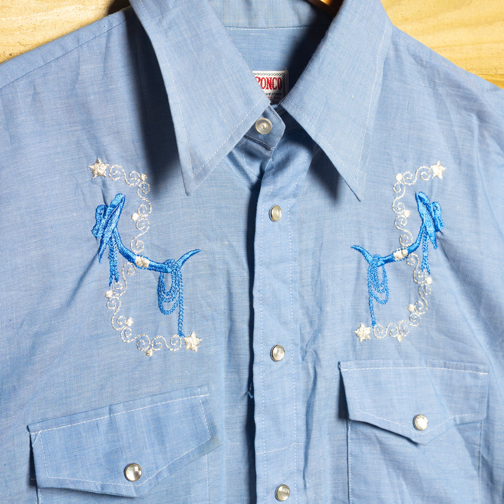 Vintage Bronco Embroidered Blue Western Longline Shirt with Pearl Snaps - Size XL