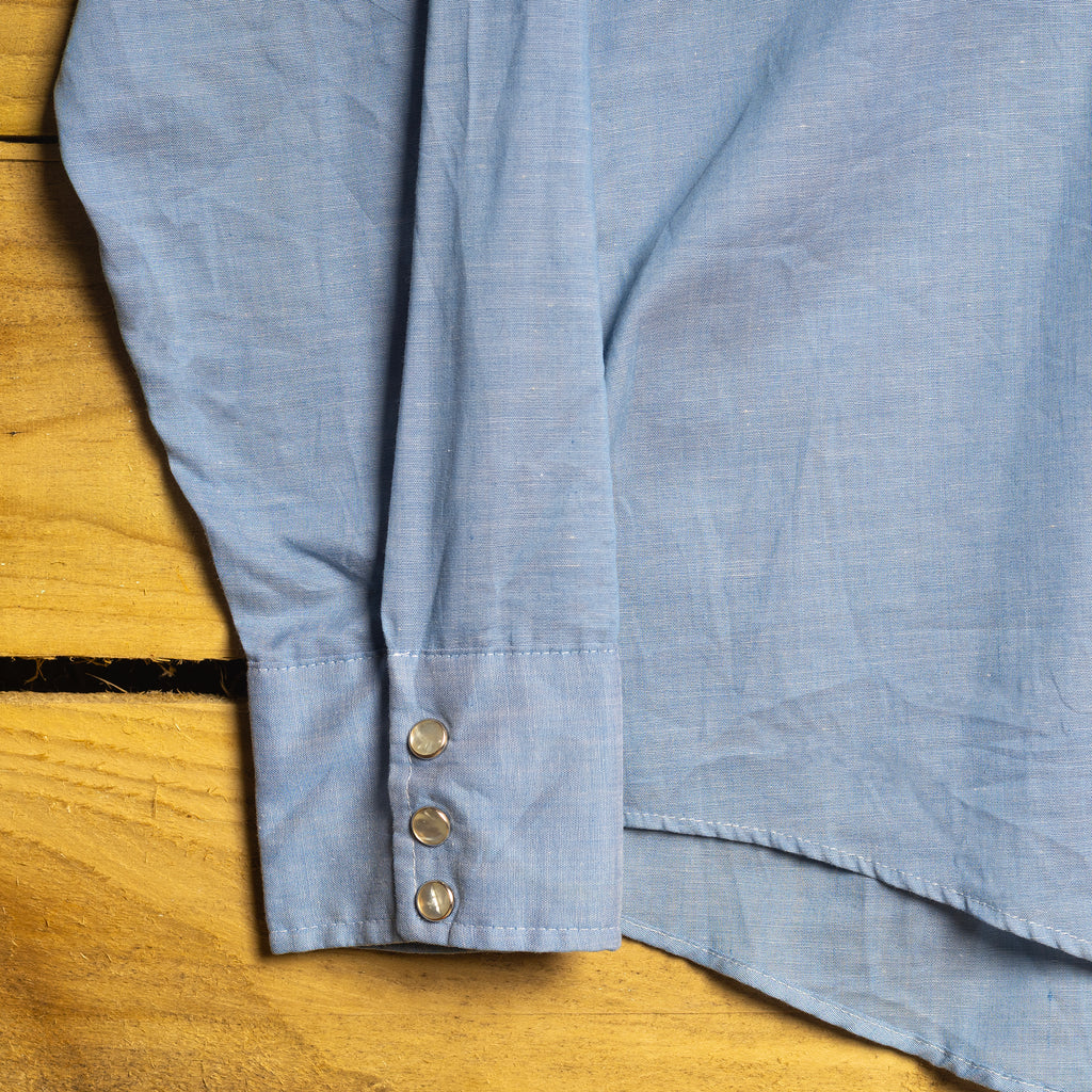 Vintage Bronco Embroidered Blue Western Longline Shirt with Pearl Snaps - Size XL
