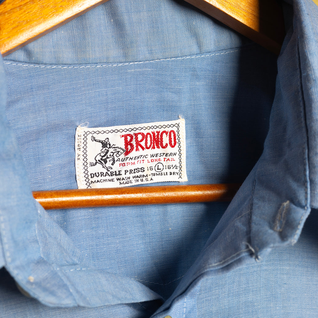 Vintage Bronco Embroidered Blue Western Longline Shirt with Pearl Snaps - Size XL