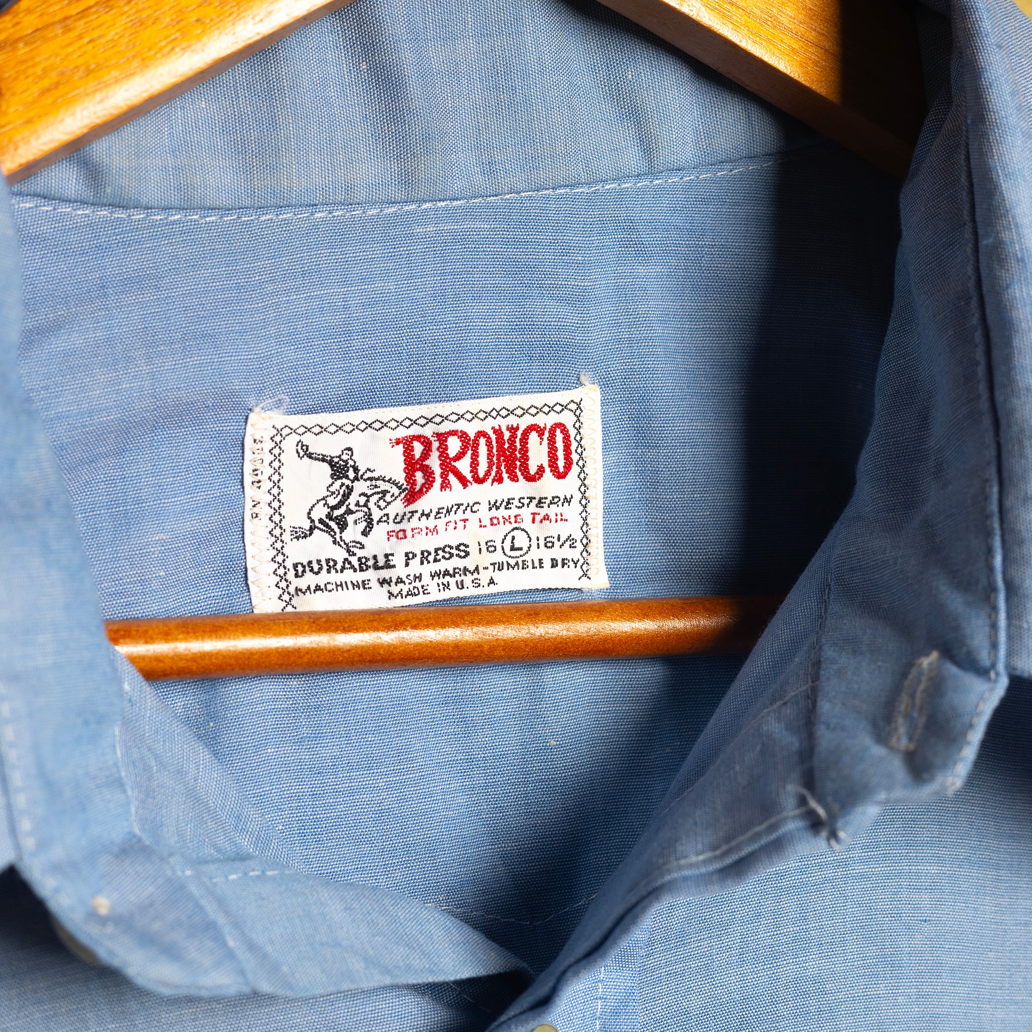 Vintage Bronco Embroidered Blue Western Longline Shirt with Pearl Snaps - Size XL