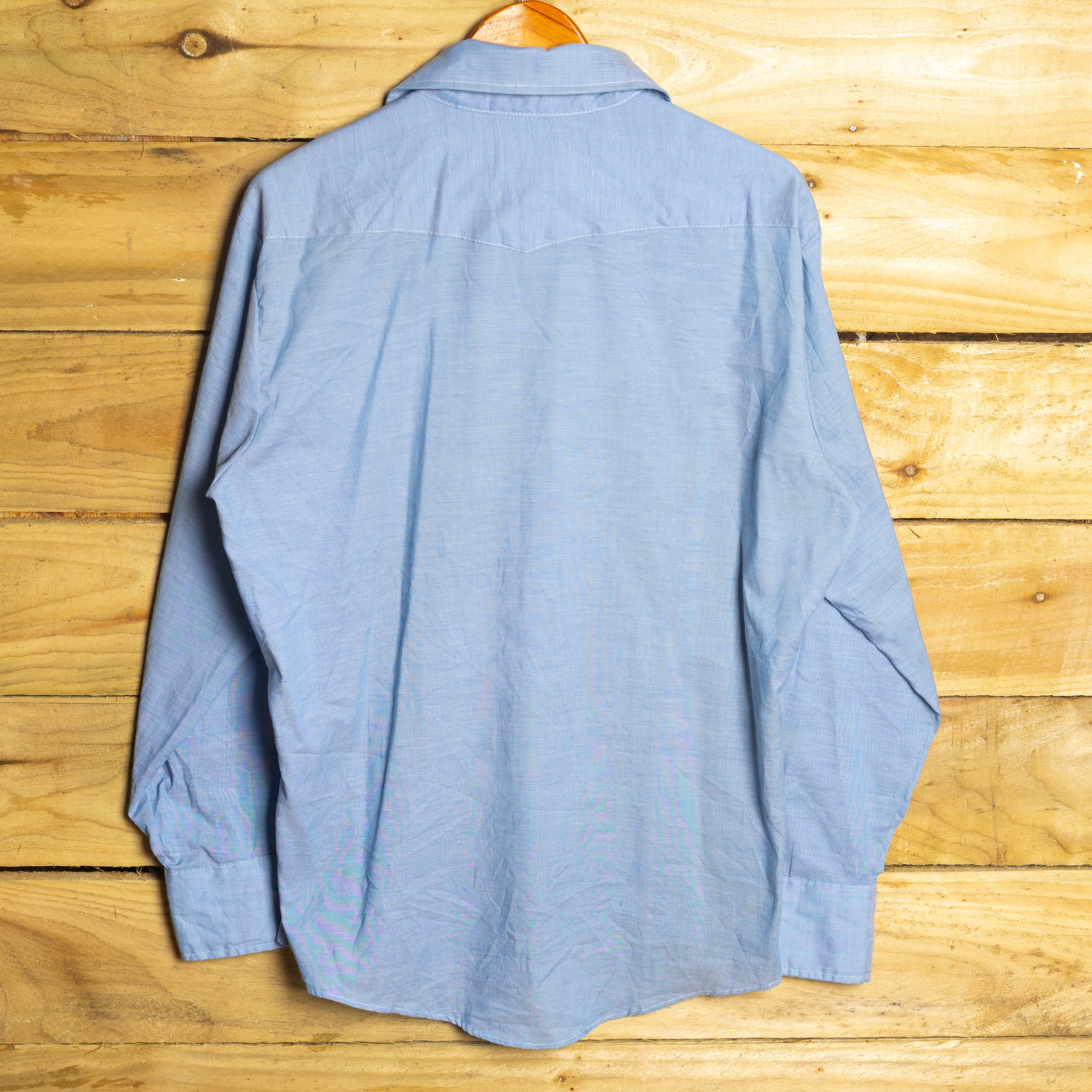 Vintage Bronco Embroidered Blue Western Longline Shirt with Pearl Snaps - Size XL