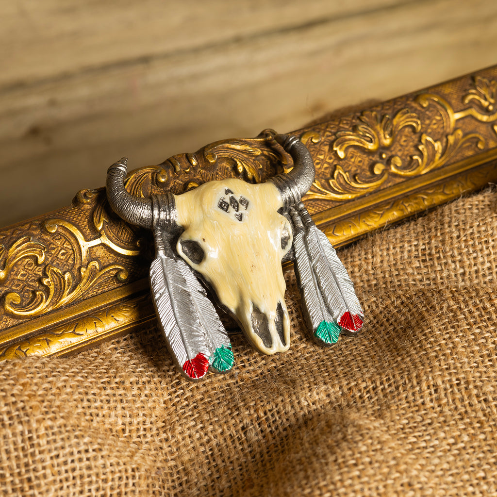 Vintage Metal Buffalo Skull & Feathers Belt Buckle