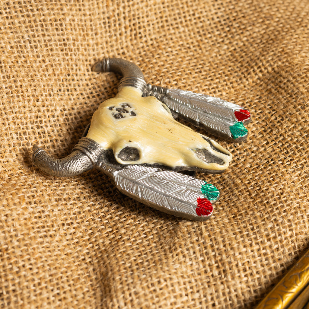 Vintage Metal Buffalo Skull & Feathers Belt Buckle
