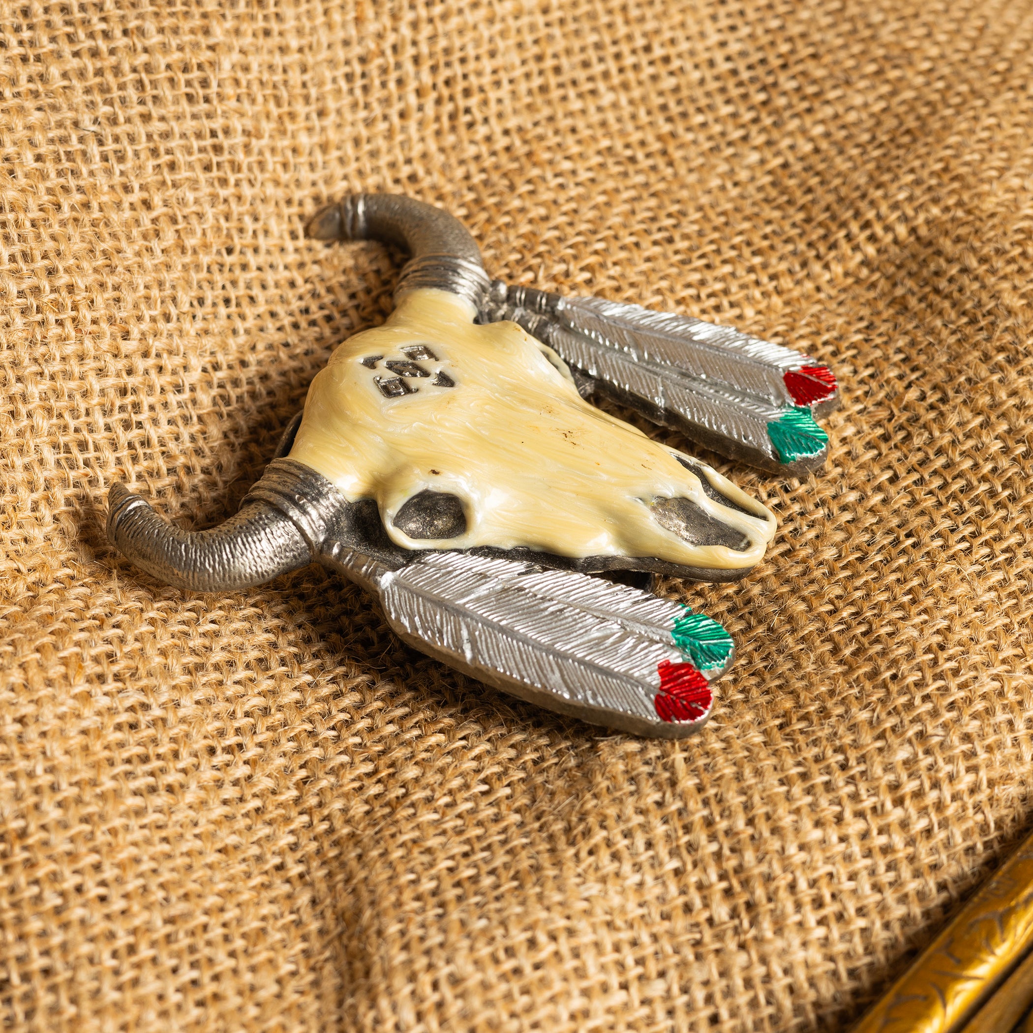 Vintage Metal Buffalo Skull & Feathers Belt Buckle