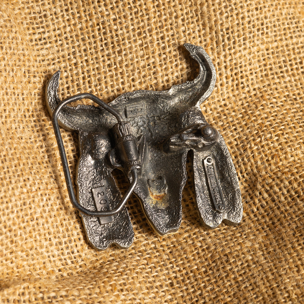 Vintage Metal Buffalo Skull & Feathers Belt Buckle