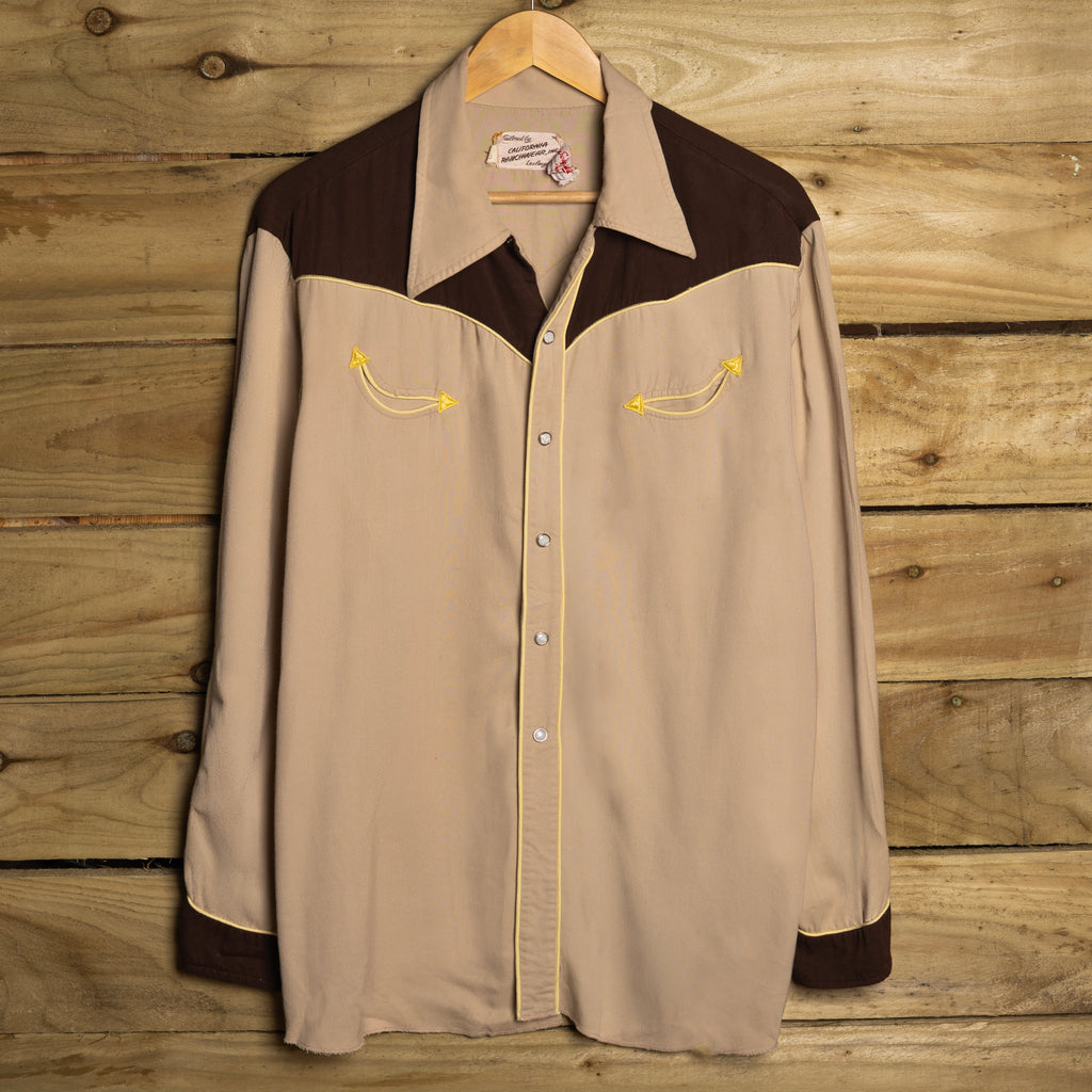 1950s California Ranchwear Beige & Brown Gabardine Western Shirt XL
