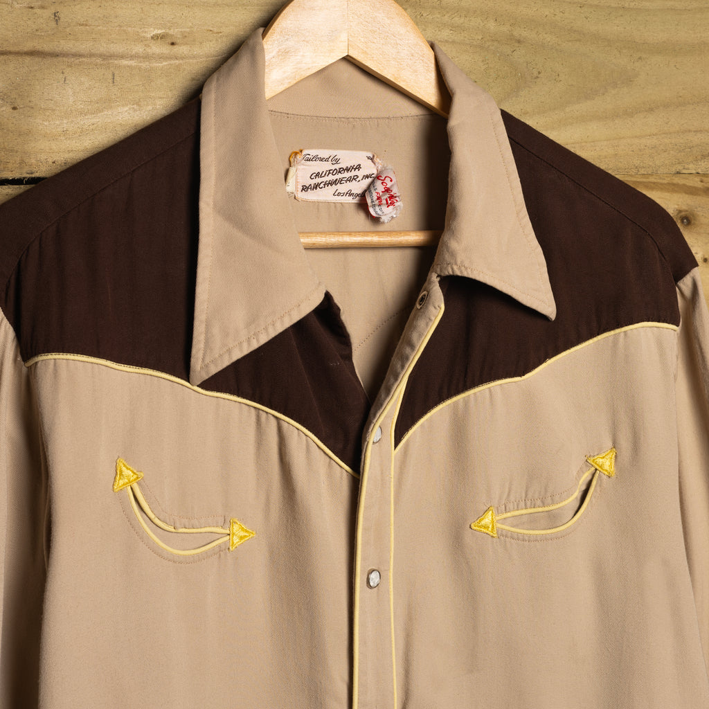 1950s California Ranchwear Beige & Brown Gabardine Western Shirt XL
