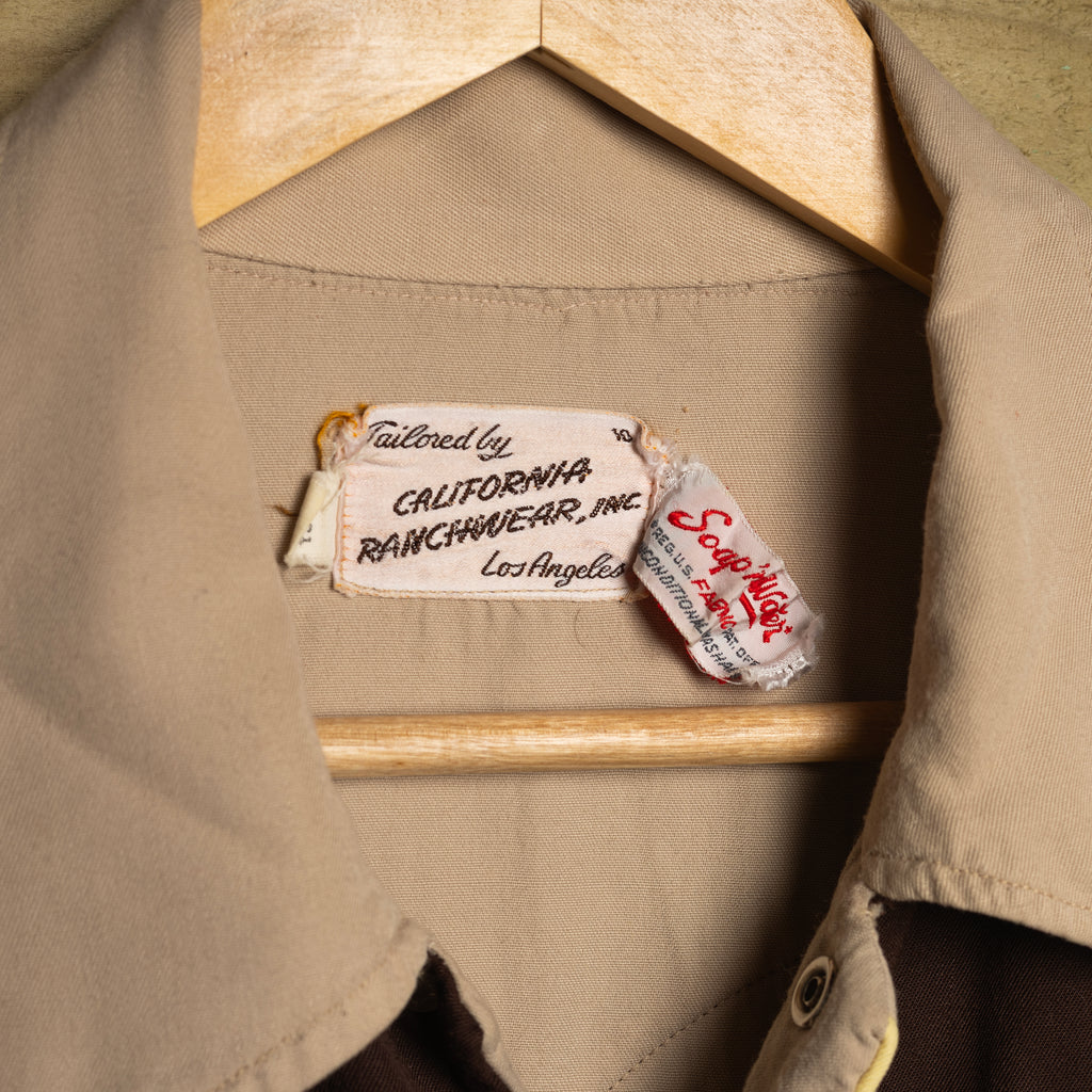 1950s California Ranchwear Beige & Brown Gabardine Western Shirt XL