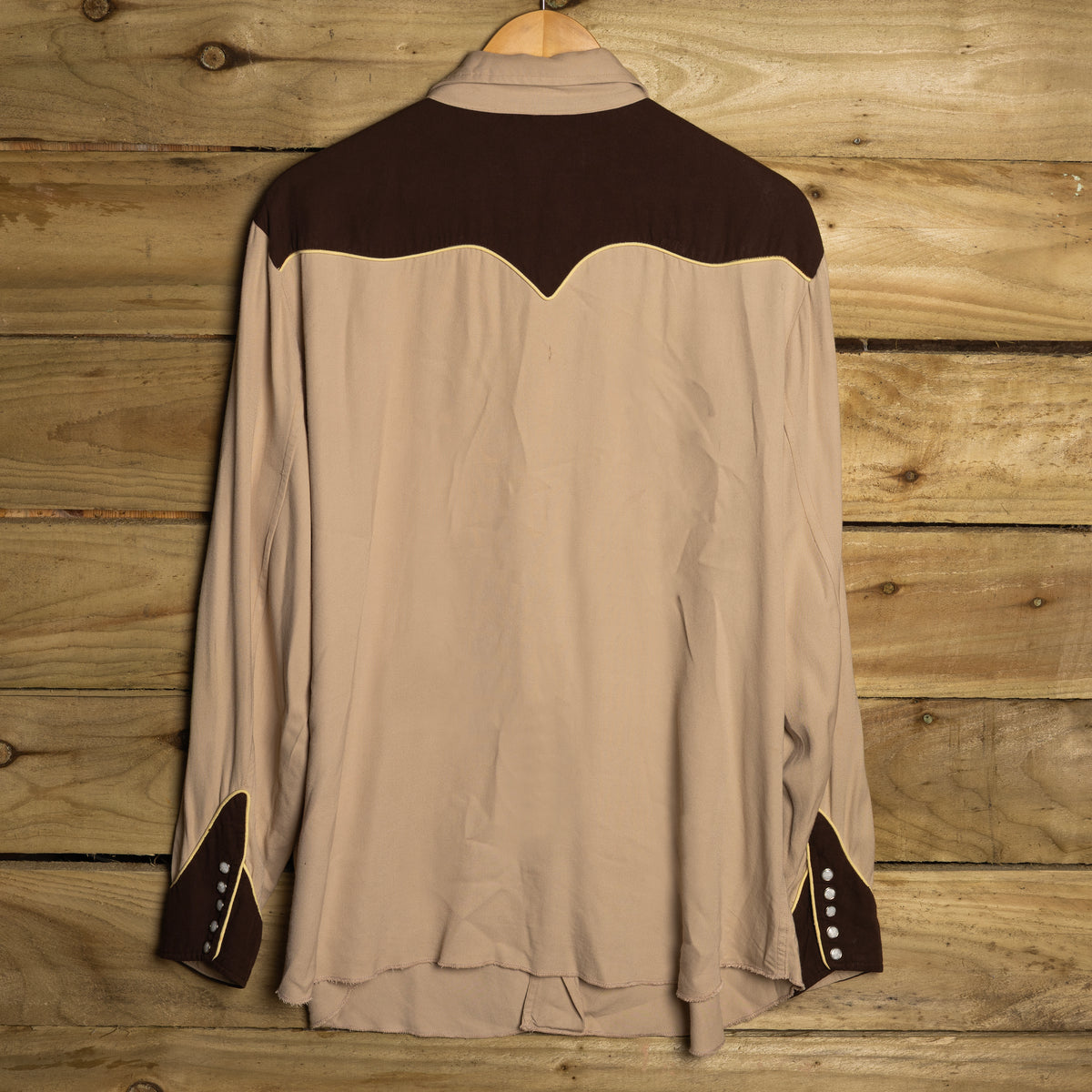 1950s California Ranchwear Beige & Brown Gabardine Western Shirt XL