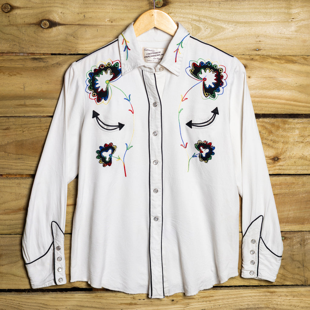 Rare 1950s Vintage California Ranchwear Embroidered Cream Pearl Snap Western Shirt – Size M