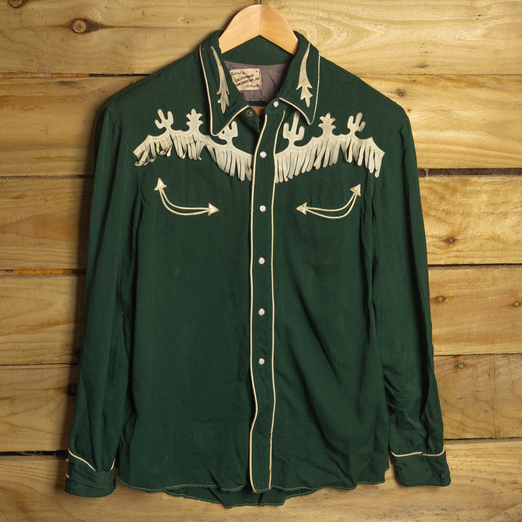 Vintage 1950s California Ranchwear Green Gabardine Cactus Embroidered Western Shirt | Size L