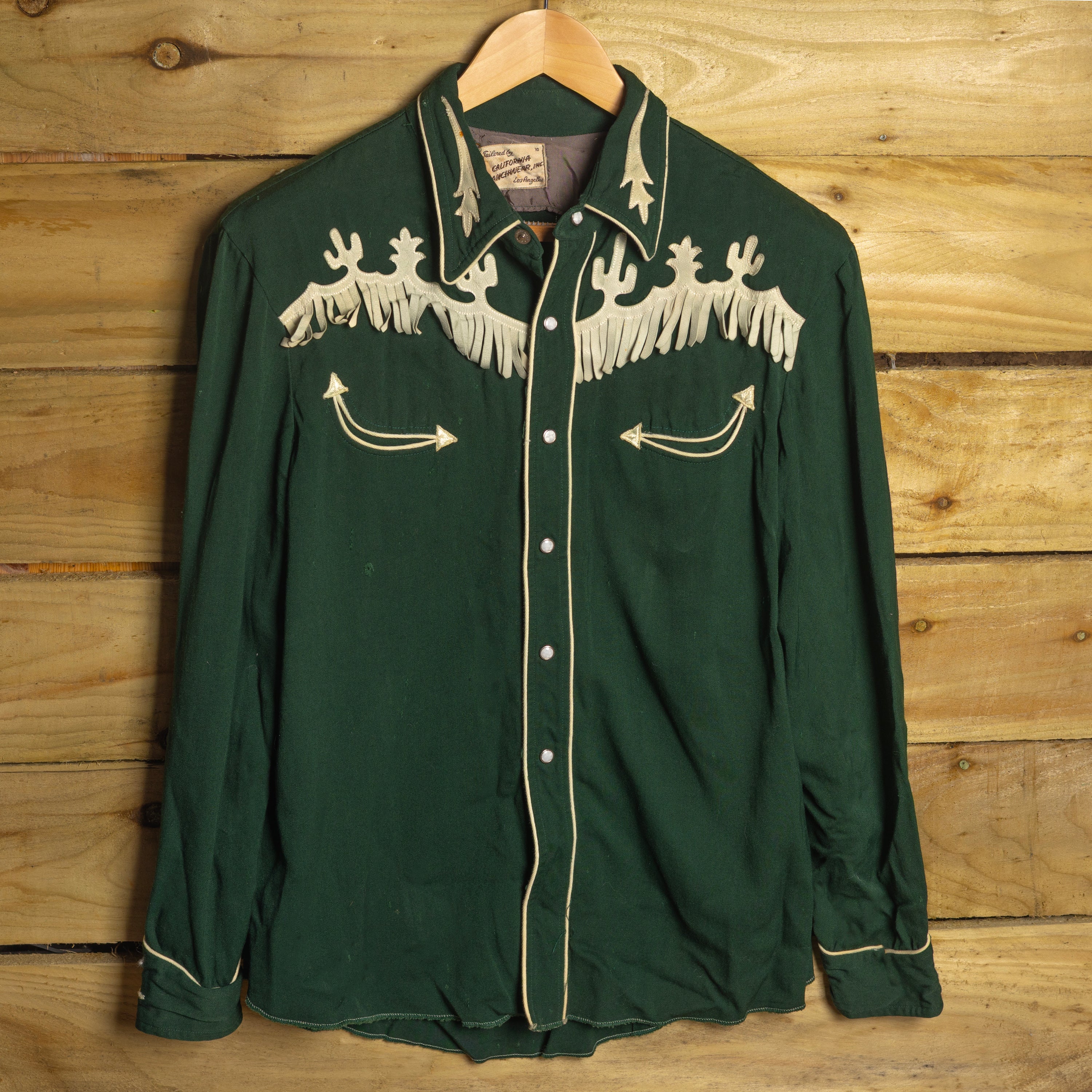 Vintage 1950s California Ranchwear Green Gabardine Cactus Embroidered Western Shirt | Size L