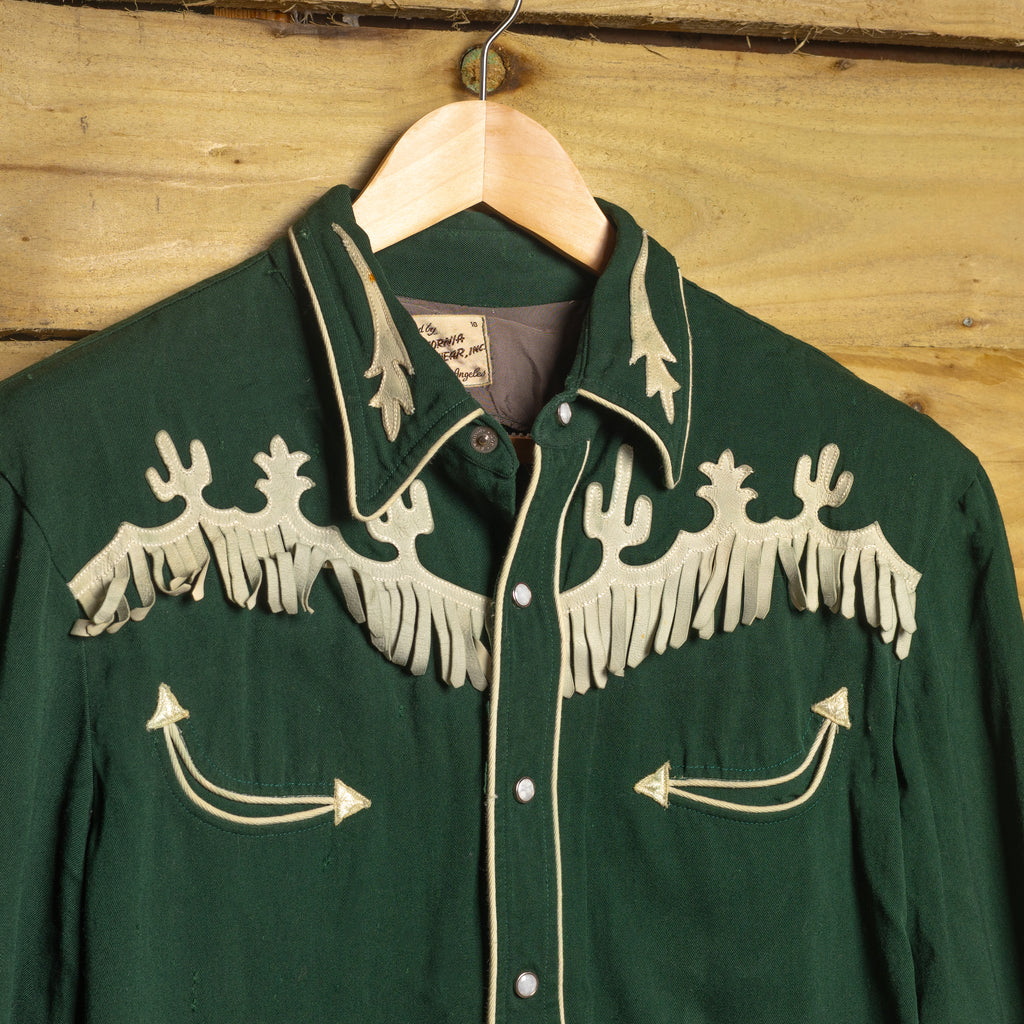 Vintage 1950s California Ranchwear Green Gabardine Cactus Embroidered Western Shirt | Size L