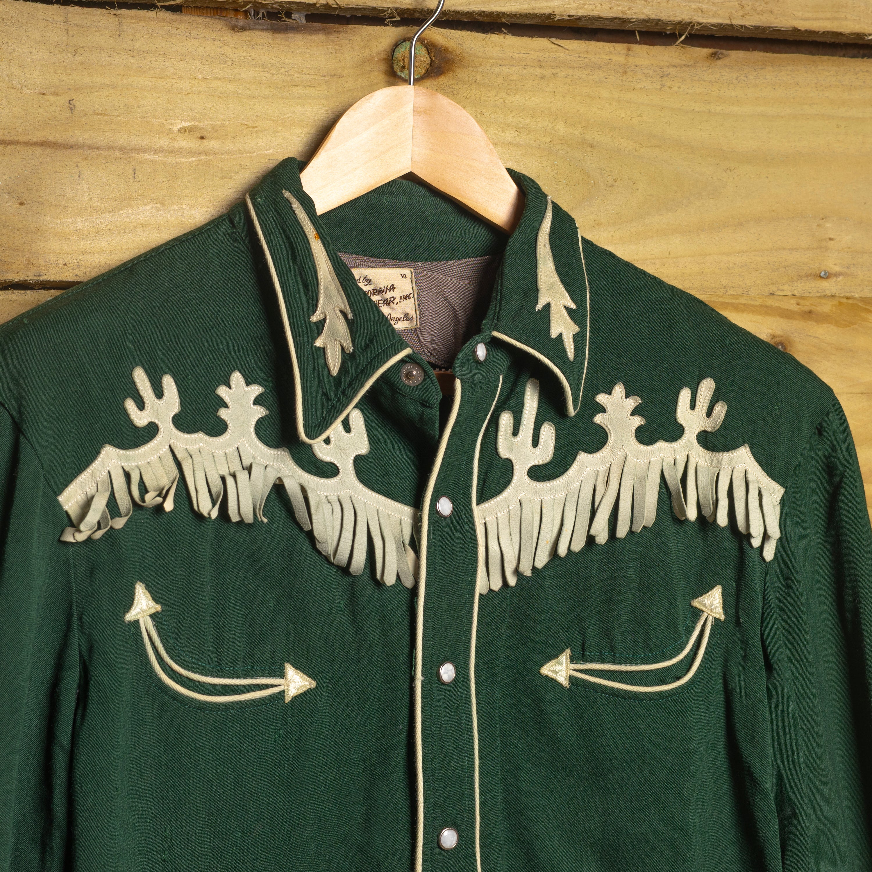Vintage 1950s California Ranchwear Green Gabardine Cactus Embroidered Western Shirt | Size L
