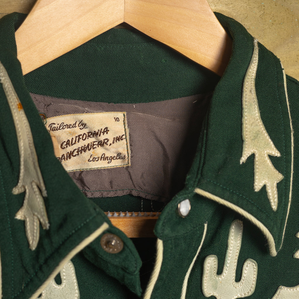 Vintage 1950s California Ranchwear Green Gabardine Cactus Embroidered Western Shirt | Size L