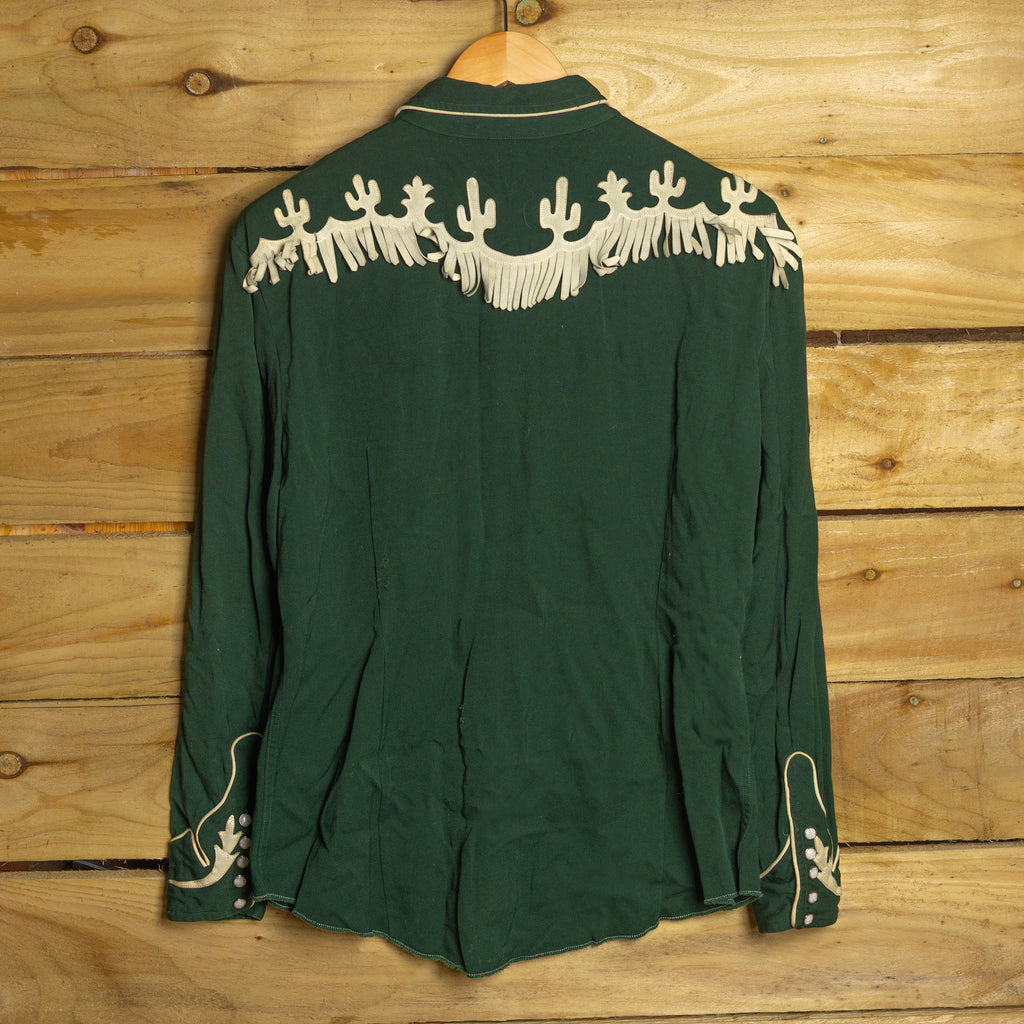 Vintage 1950s California Ranchwear Green Gabardine Cactus Embroidered Western Shirt | Size L