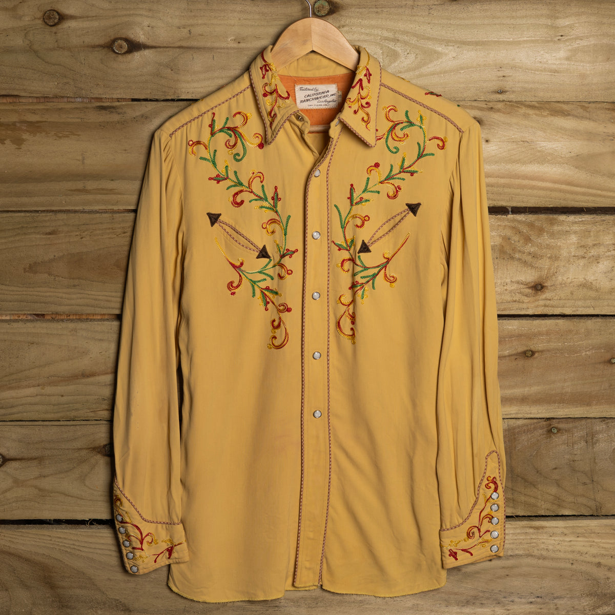 1950s California Ranchwear Mustard Floral Chain-Stitch Western Shirt – S–M