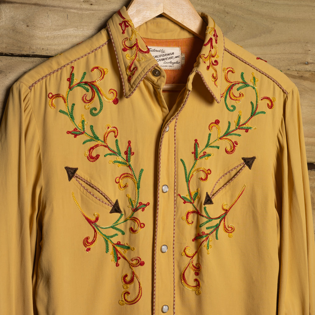 1950s California Ranchwear Mustard Floral Chain-Stitch Western Shirt – S–M