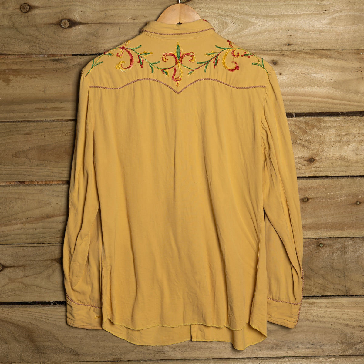 1950s California Ranchwear Mustard Floral Chain-Stitch Western Shirt – S–M
