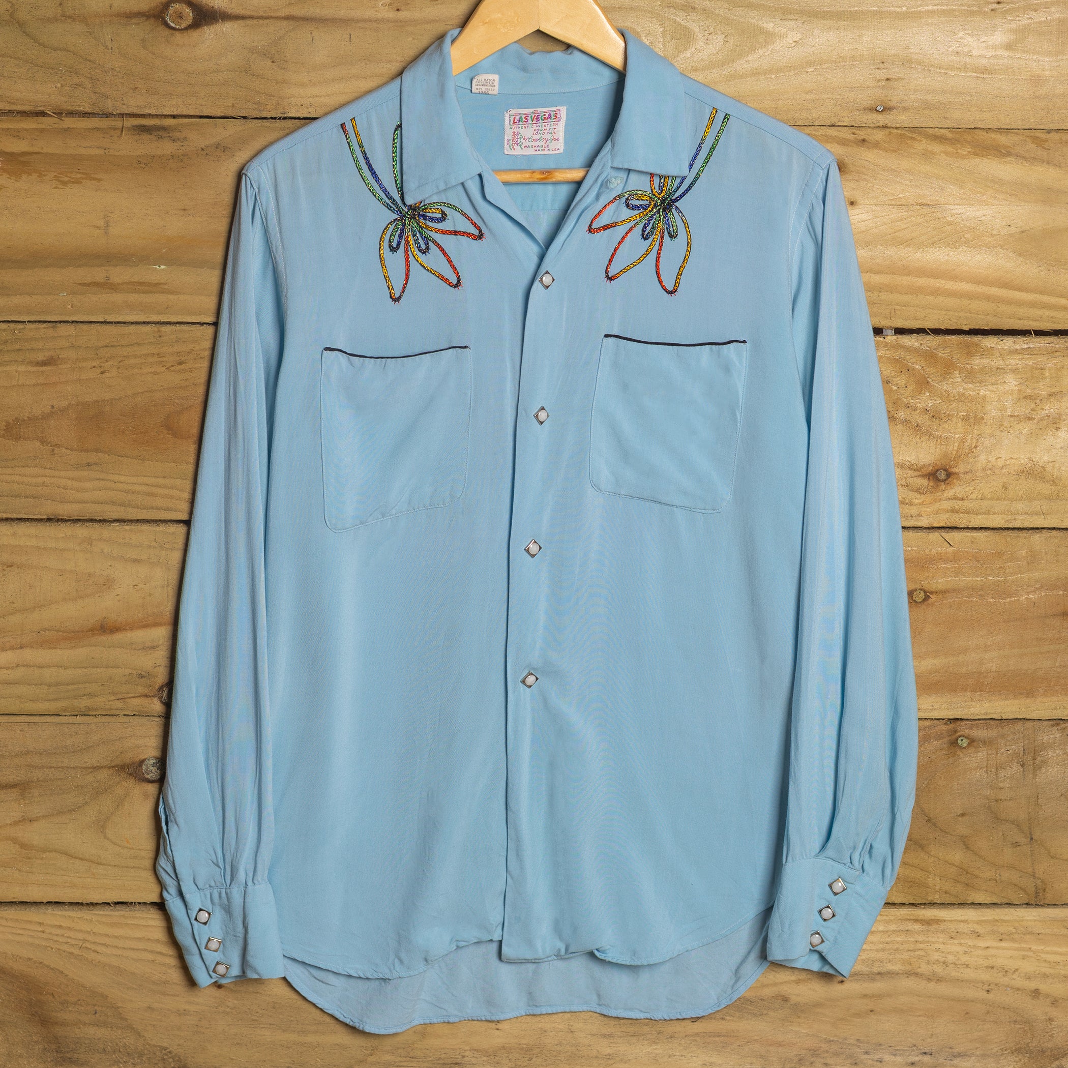 1950s Las Vegas Cowboy Joe Blue Embroidered Western Shirt - Pearl Snaps - Size M - Rare
