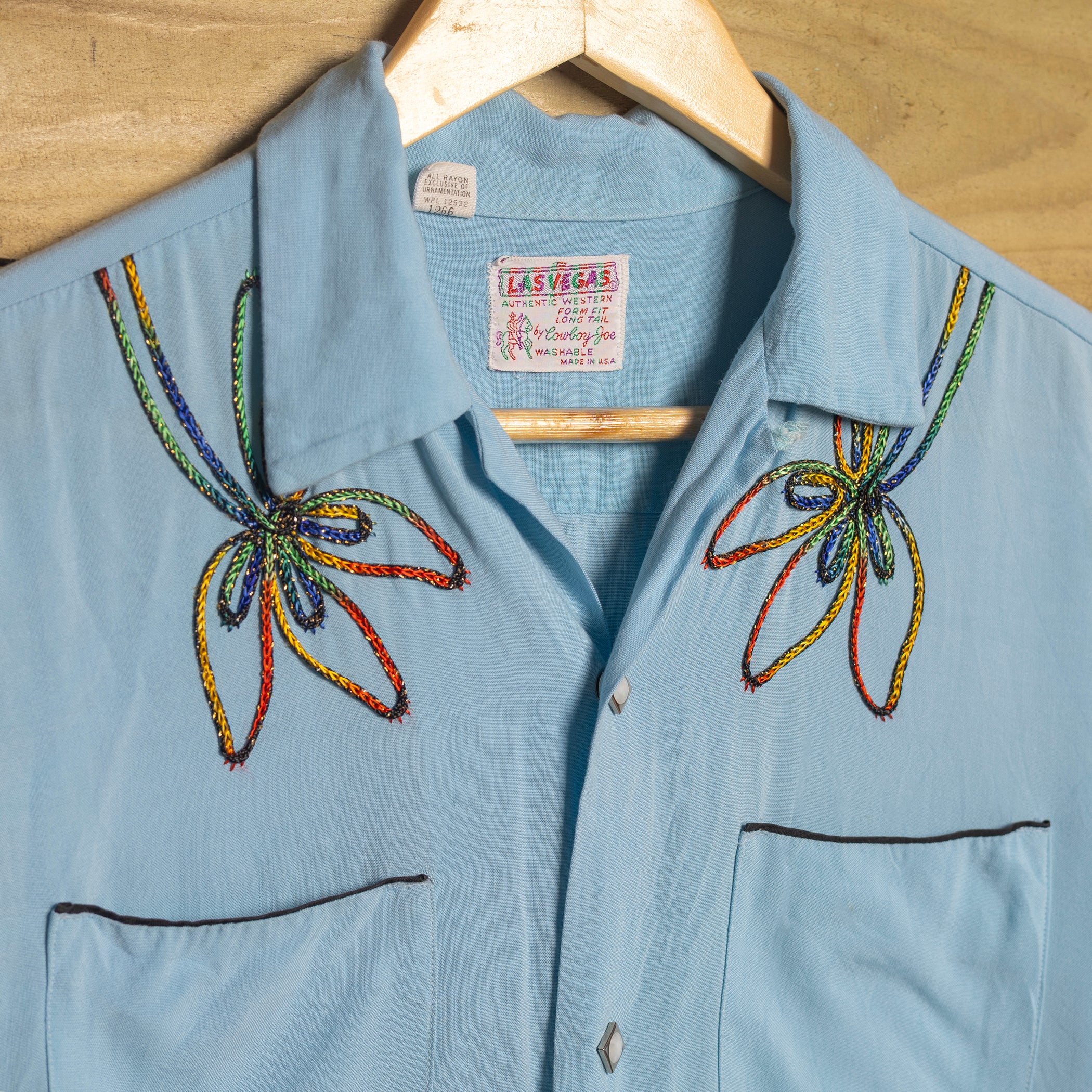 1950s Las Vegas Cowboy Joe Blue Embroidered Western Shirt - Pearl Snaps - Size M - Rare
