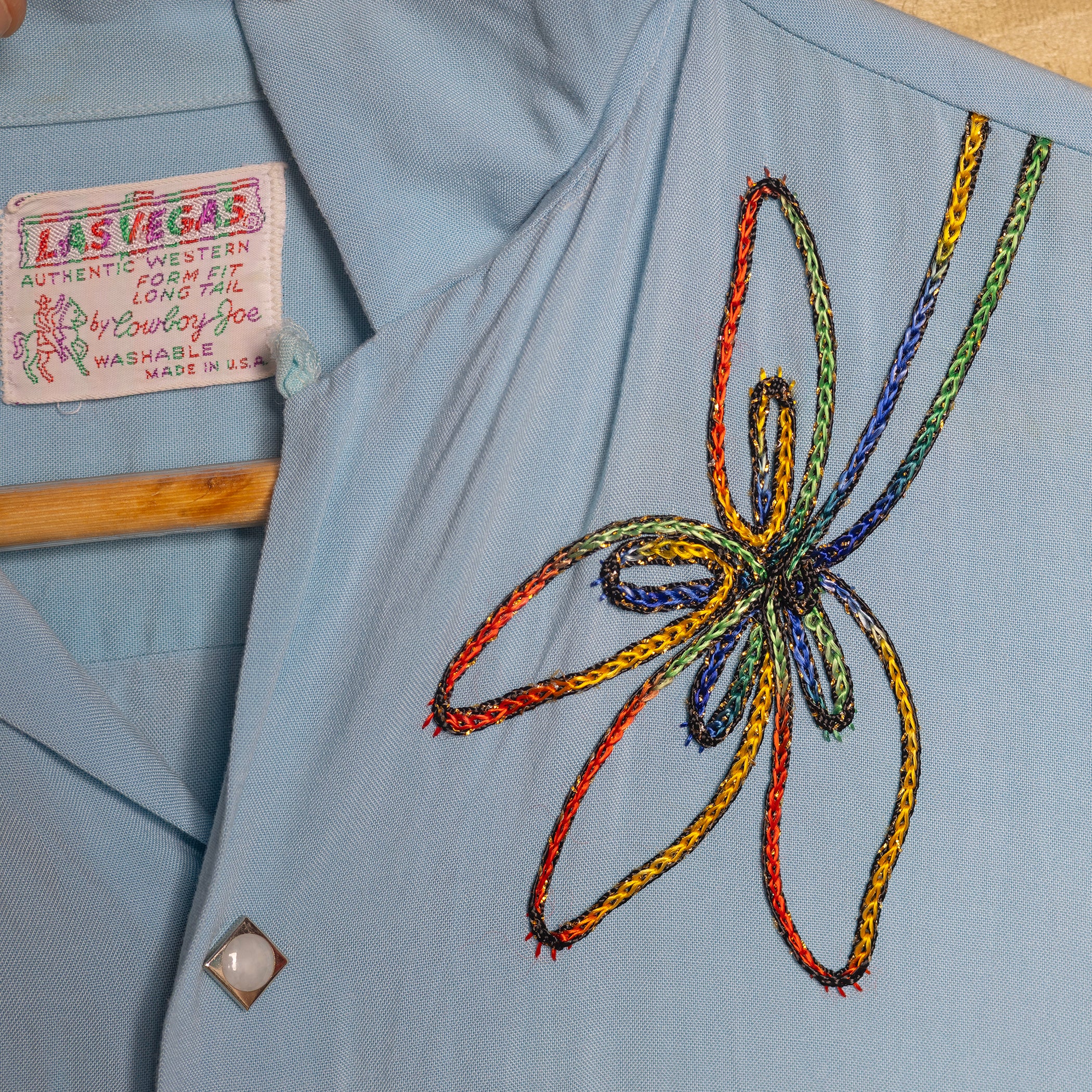 1950s Las Vegas Cowboy Joe Blue Embroidered Western Shirt - Pearl Snaps - Size M - Rare