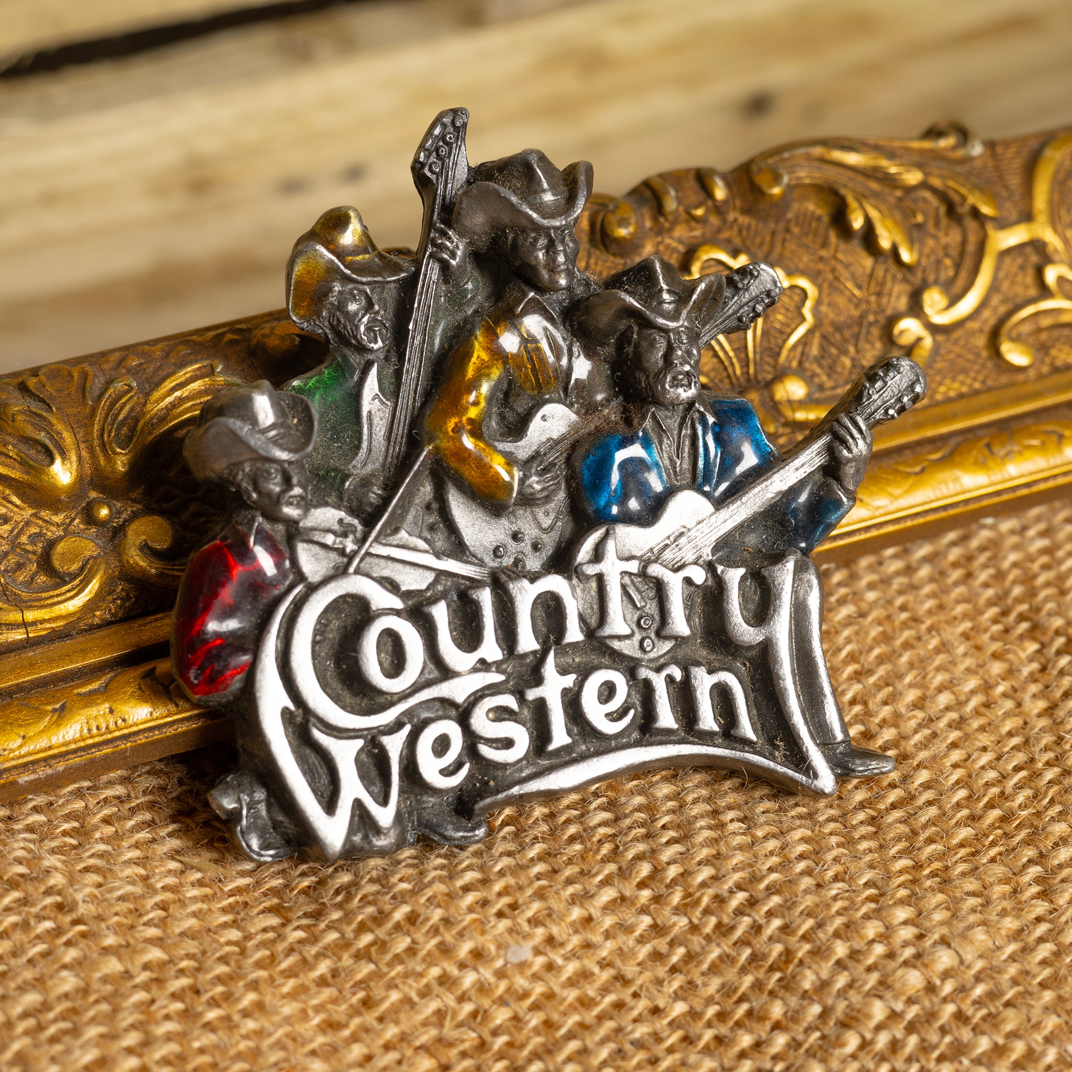 Vintage 1981 Country & Western Music Pickers Guitar & Fiddle Metal Belt Buckle