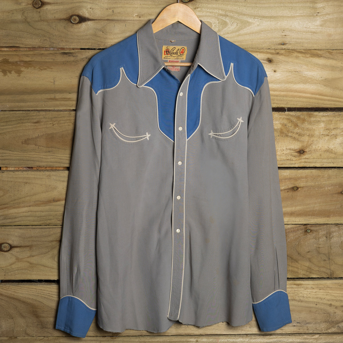 1950s Circle A Blue & Grey Gabardine Western Shirt L