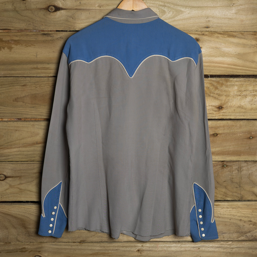 1950s Circle A Blue & Grey Gabardine Western Shirt L