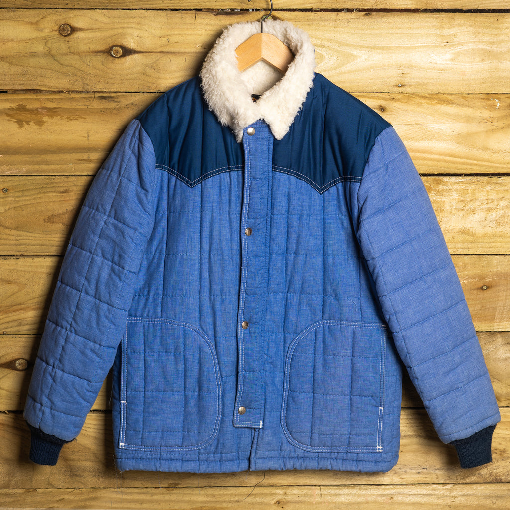 Vintage Weather Jack by Ely Blue Sherpa-Lined Western Jacket - Zip & Snap Closure - Size L
