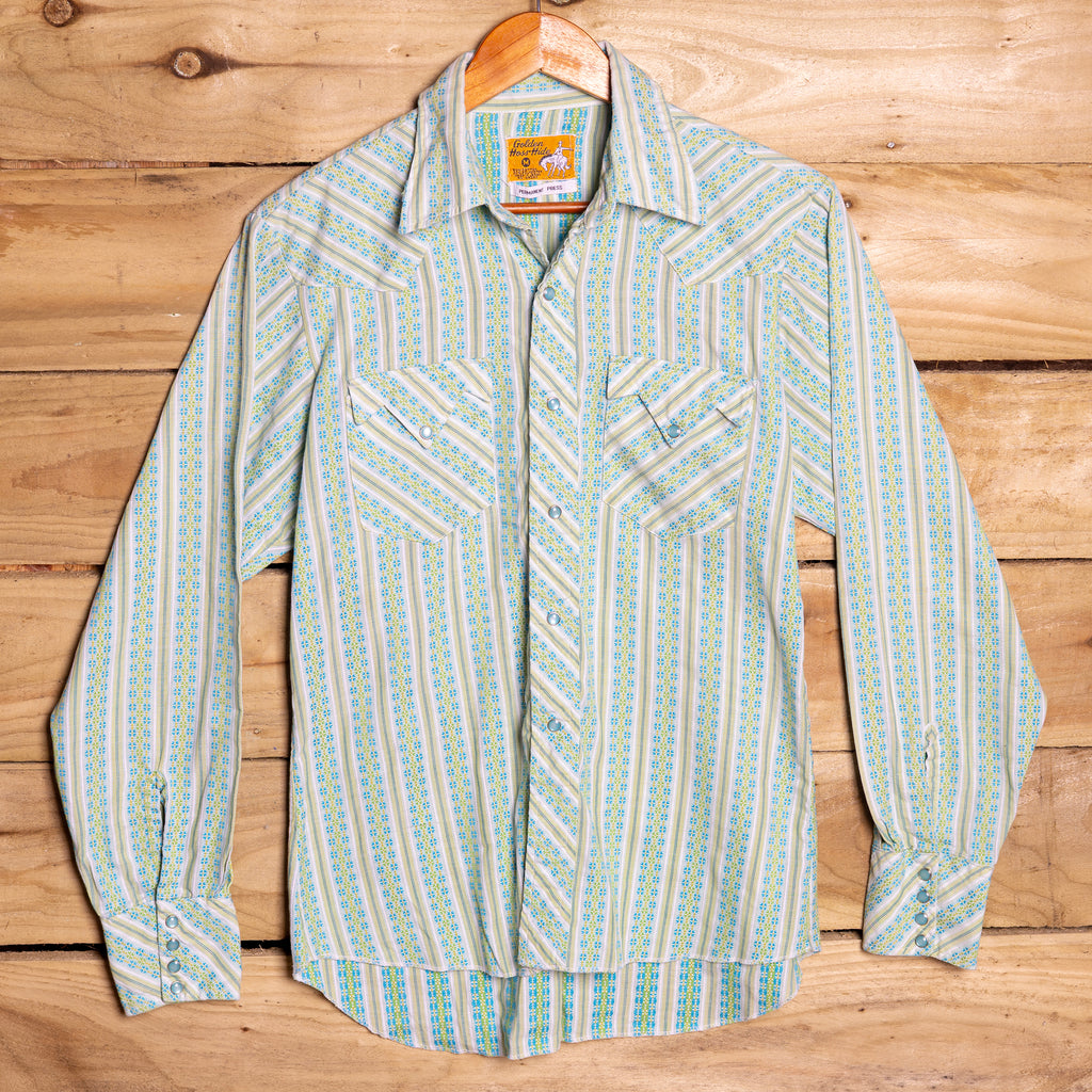 Vintage Golden Hoss Hide Permanent Press Western Shirt – Green & Blue, Pearl Snaps, Size M (12-14)