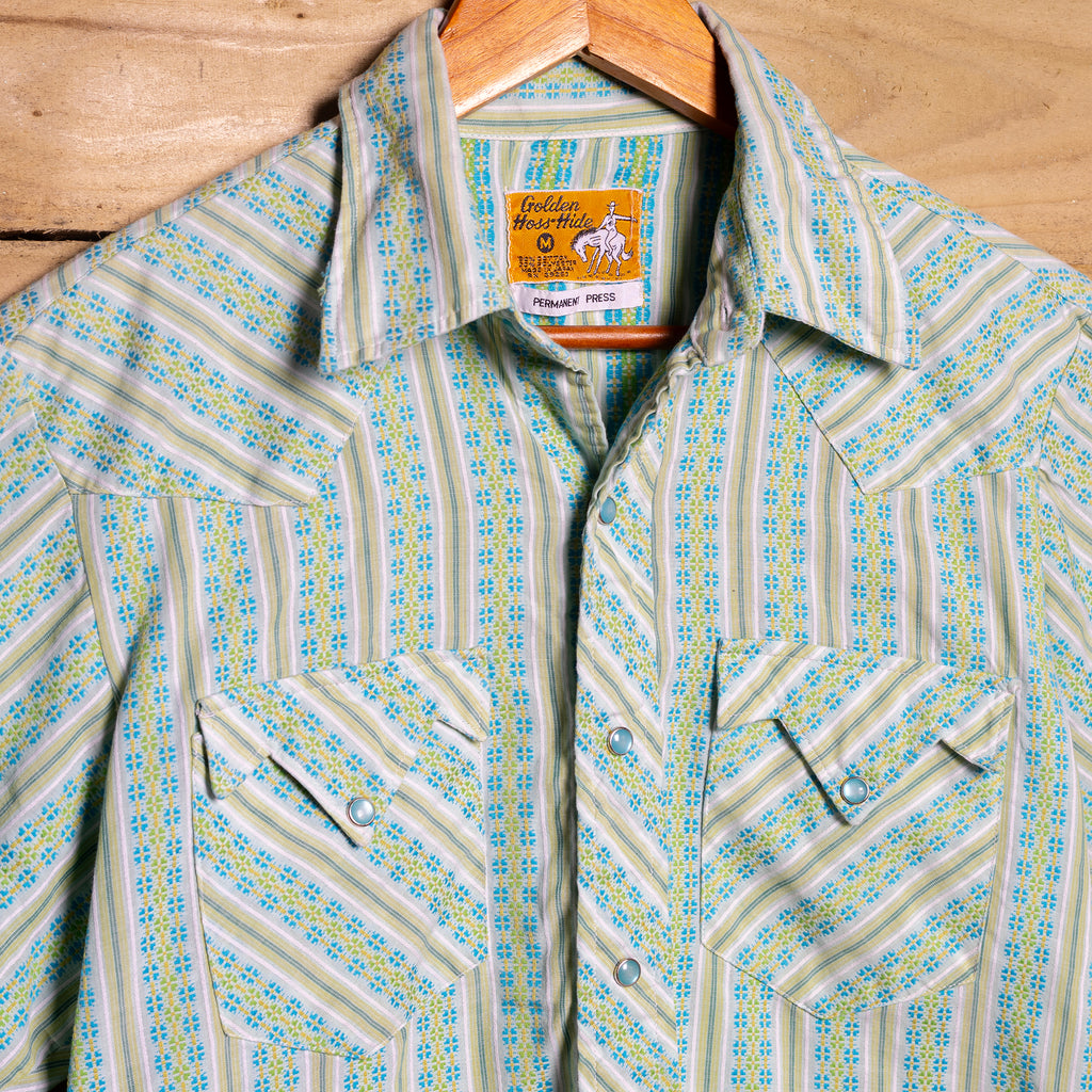 Vintage Golden Hoss Hide Permanent Press Western Shirt – Green & Blue, Pearl Snaps, Size M (12-14)