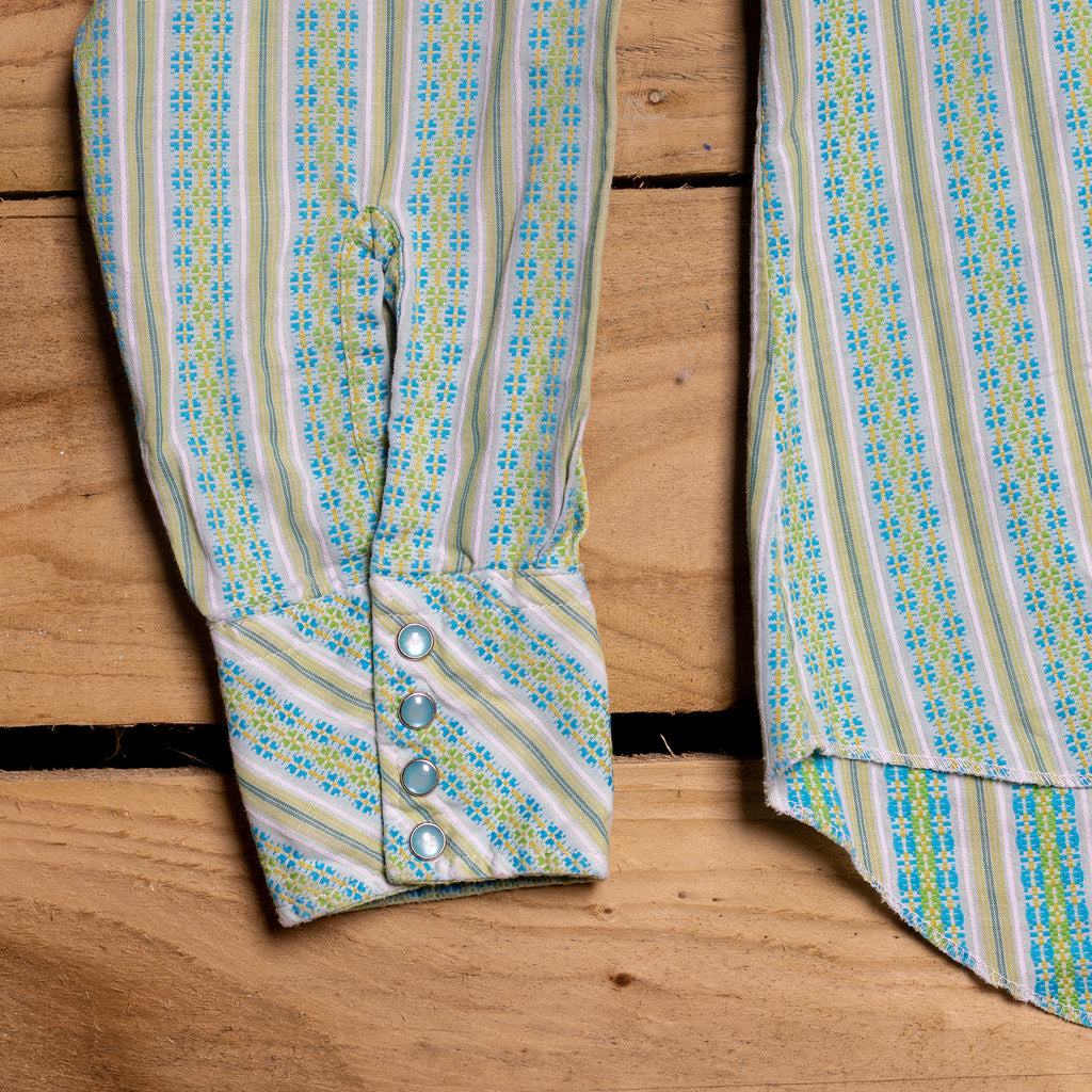 Vintage Golden Hoss Hide Permanent Press Western Shirt – Green & Blue, Pearl Snaps, Size M (12-14)