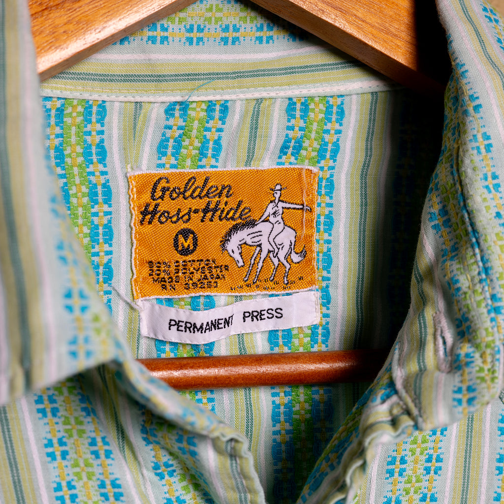 Vintage Golden Hoss Hide Permanent Press Western Shirt – Green & Blue, Pearl Snaps, Size M (12-14)
