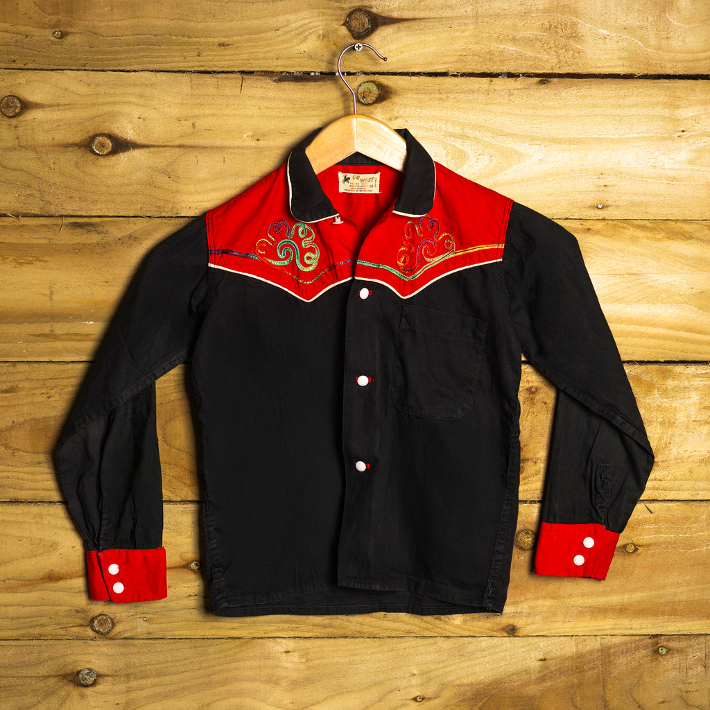 1970s Vintage Go West Black Embroidered Boys Western Shirt - Chest Pocket - Size 15