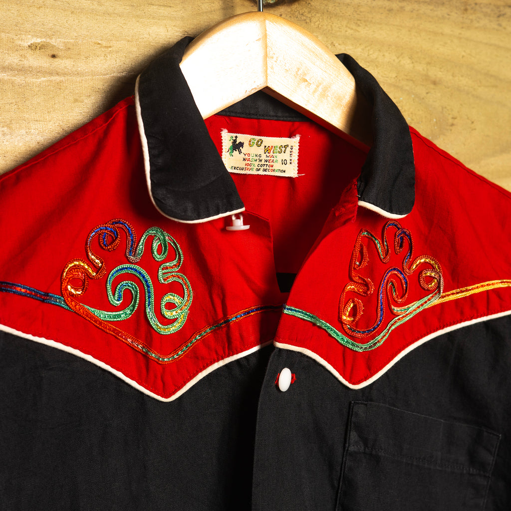 1970s Vintage Go West Black Embroidered Boys Western Shirt - Chest Pocket - Size 15