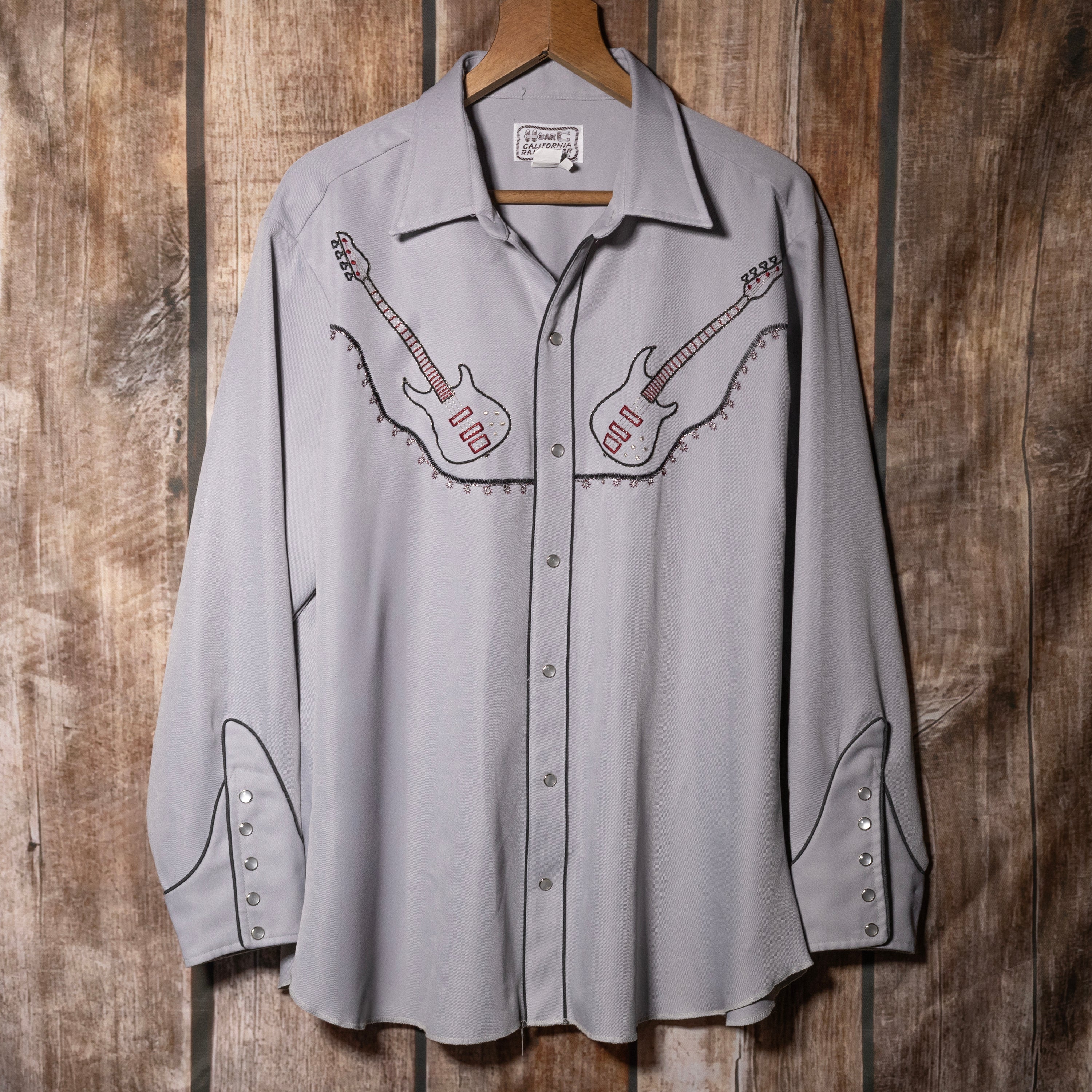 Vintage 1970s H Bar C California Ranchwear Embroidered Bass Guitars Grey Shirt XL
