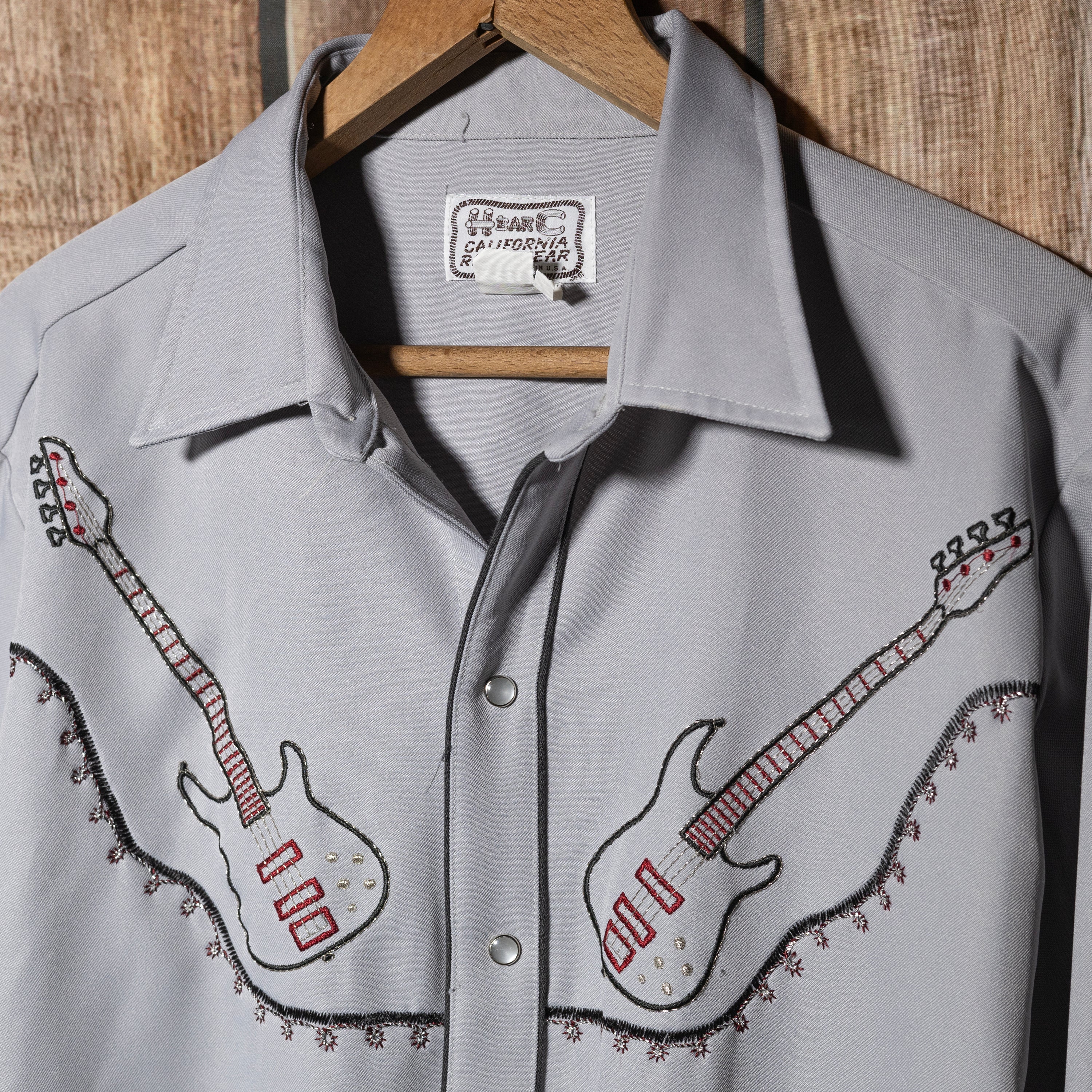 Vintage 1970s H Bar C California Ranchwear Embroidered Bass Guitars Grey Shirt XL