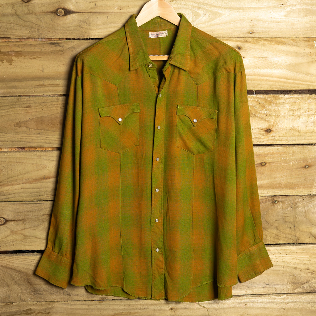Vintage Green & Brown Longtail Western Shirt — Pearl Snaps, Sawtooth Pockets | L