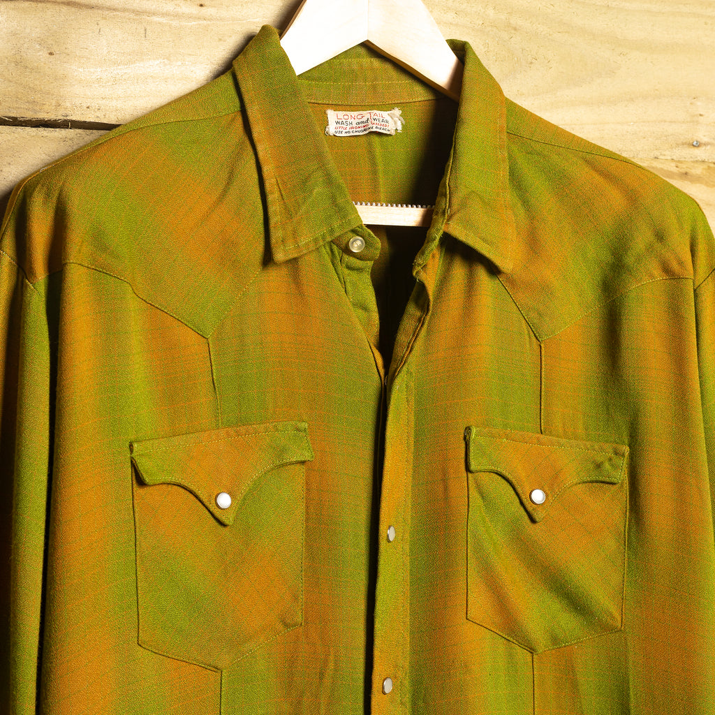 Vintage Green & Brown Longtail Western Shirt — Pearl Snaps, Sawtooth Pockets | L