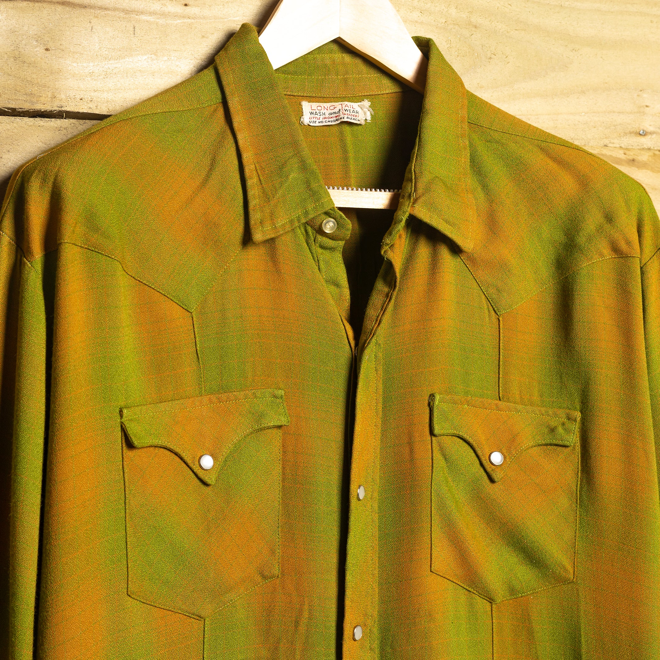 Vintage Green & Brown Longtail Western Shirt — Pearl Snaps, Sawtooth Pockets | L