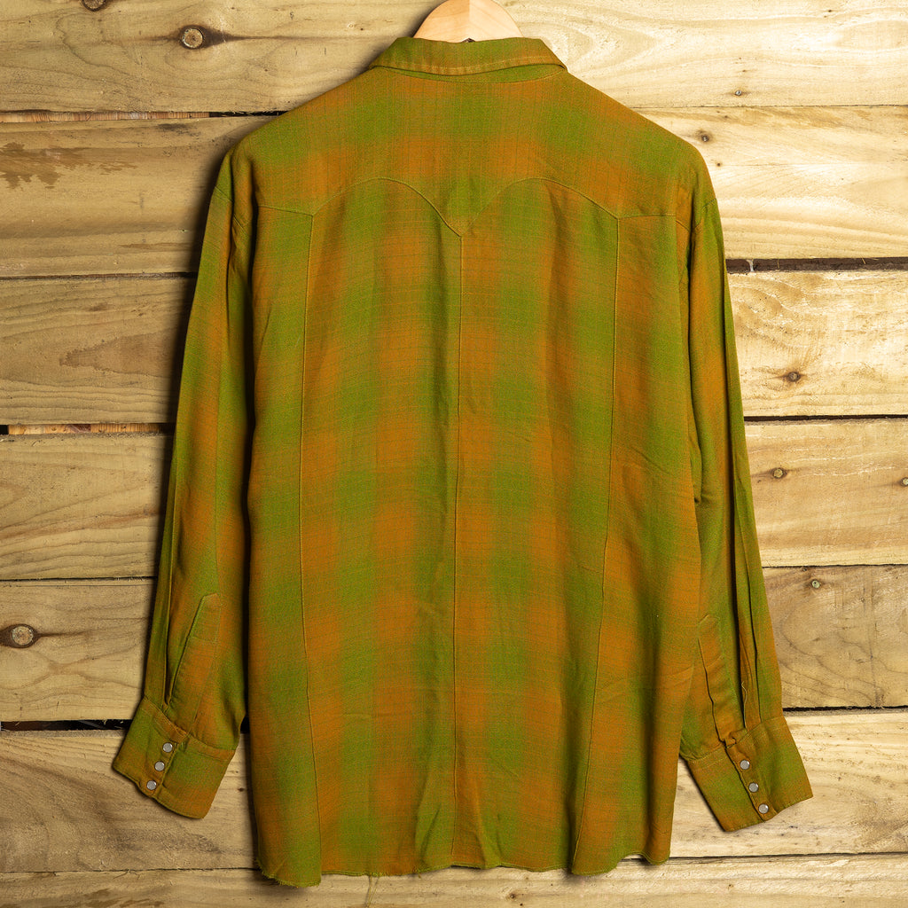 Vintage Green & Brown Longtail Western Shirt — Pearl Snaps, Sawtooth Pockets | L