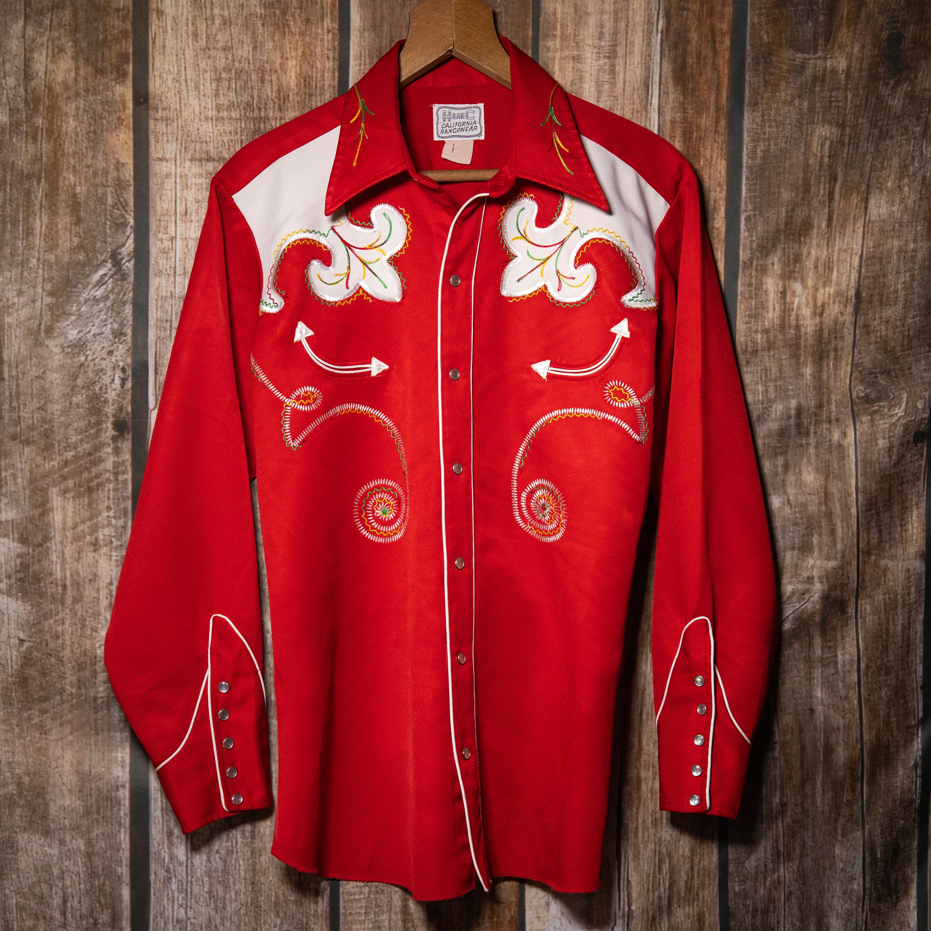 Vintage 1970s H Bar C California Ranchwear Embroidered Red Western Shirt XL