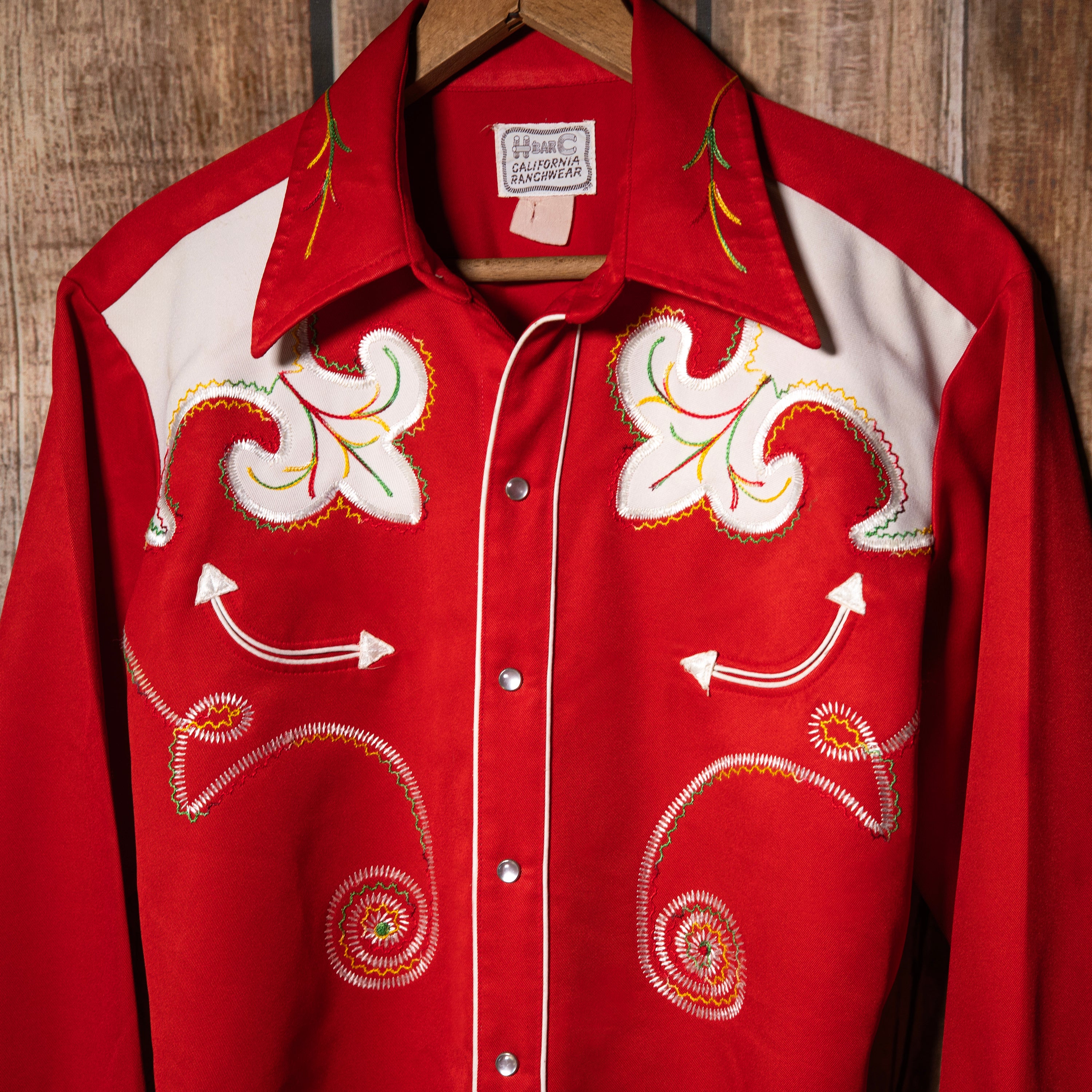 Vintage 1970s H Bar C California Ranchwear Embroidered Red Western Shirt XL