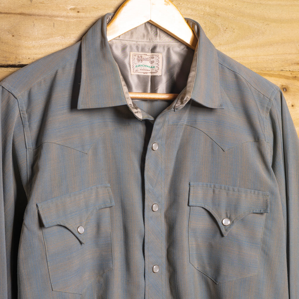 H Bar C California Ranchwear 1950s Vintage Grey & Tan Pearl Snap Western Shirt — Size L
