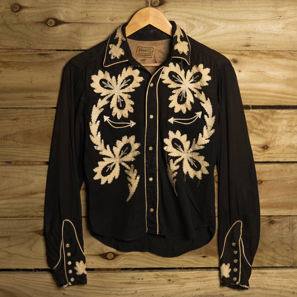 1950s H Bar C Black & White Embroidered Western Shirt Women's S