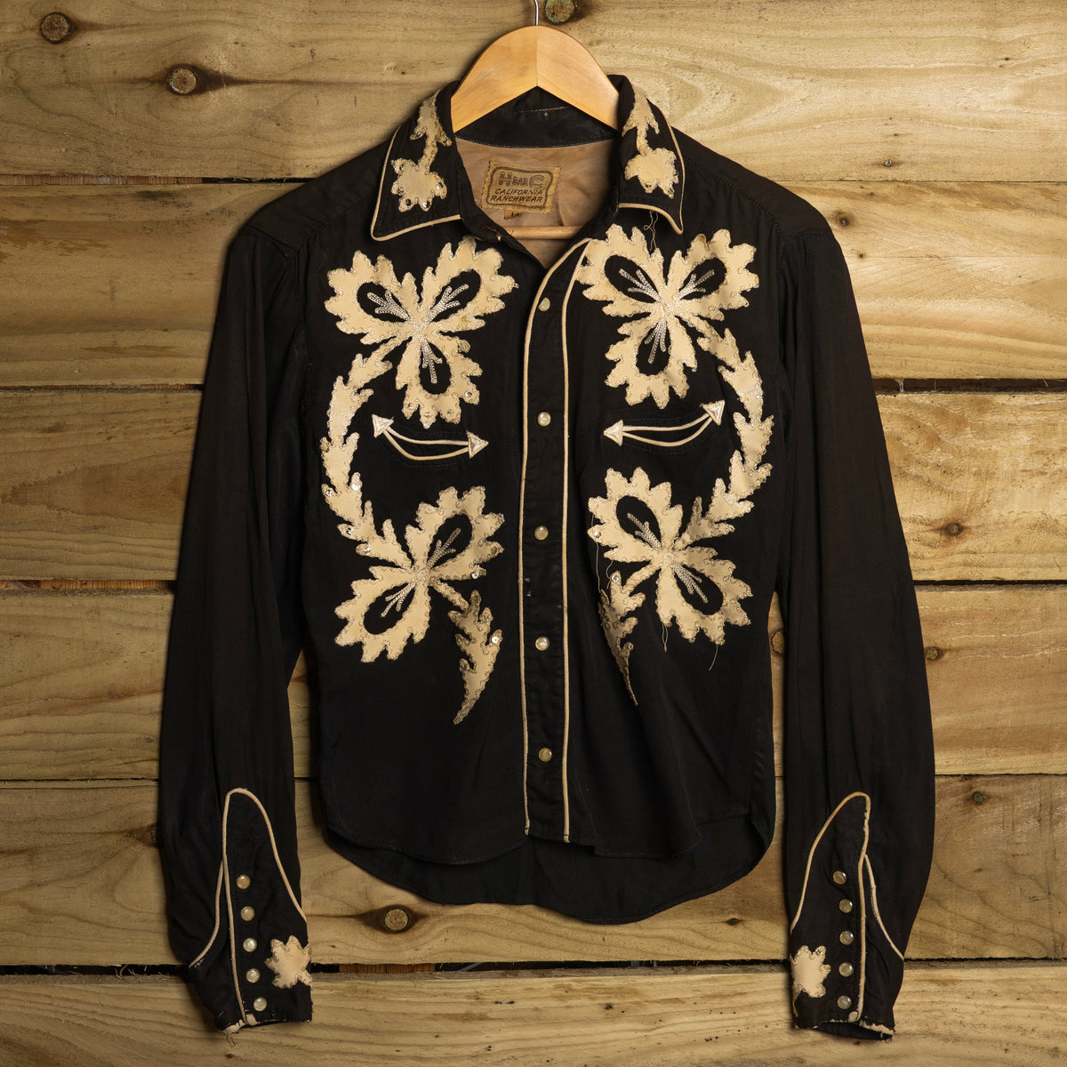 1950s H Bar C Black & White Embroidered Western Shirt Women's S